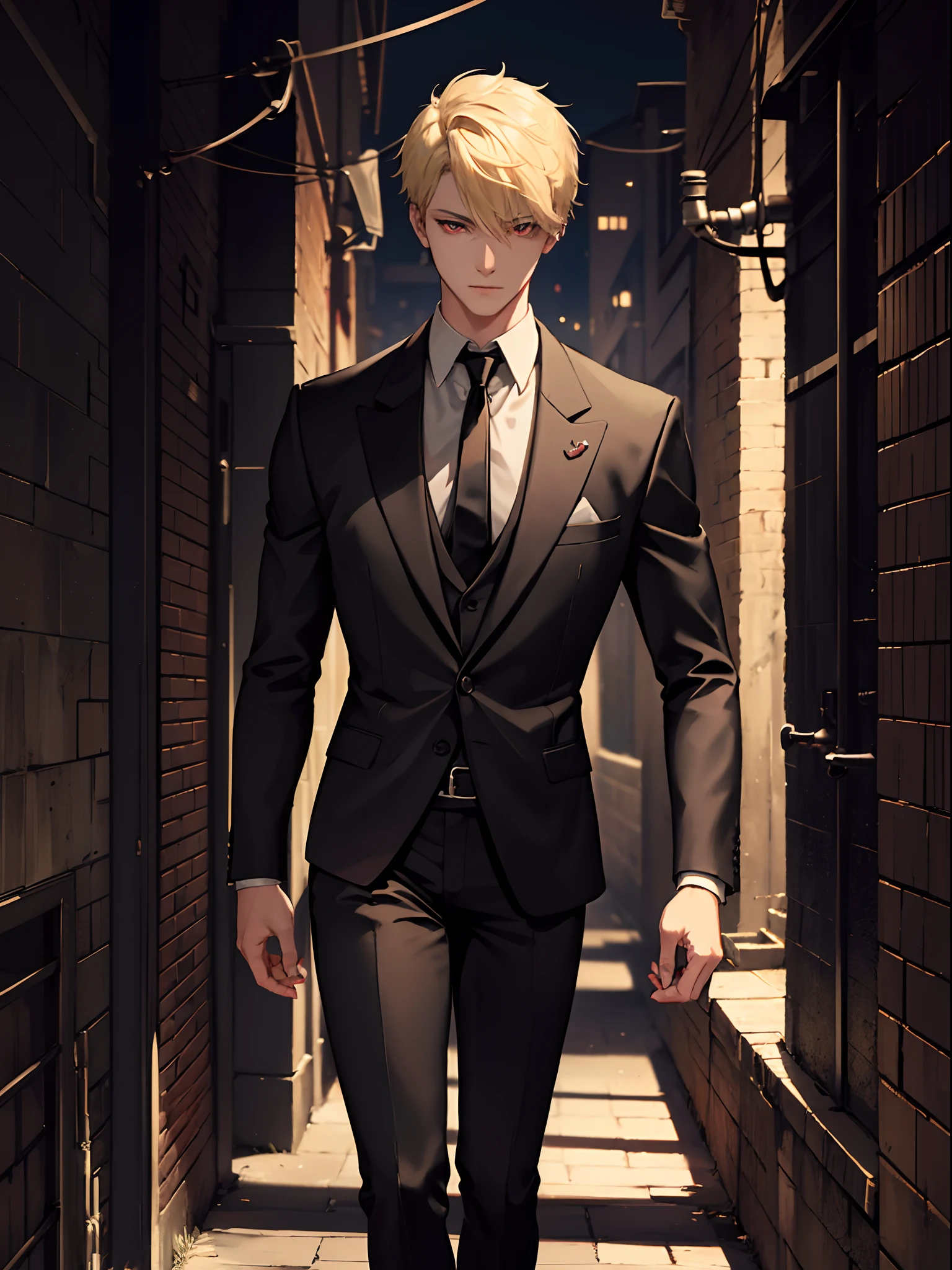 1 male, blonde short hair, red eyes, wearing black suit, black tie, long black pants, cold eyes, cruel, sadism, low view, looking down at viewer, handsome, shadowlighting, outdoors, dark alley background (masterpiece, best quality, beautiful detailed eyes, detailed face)