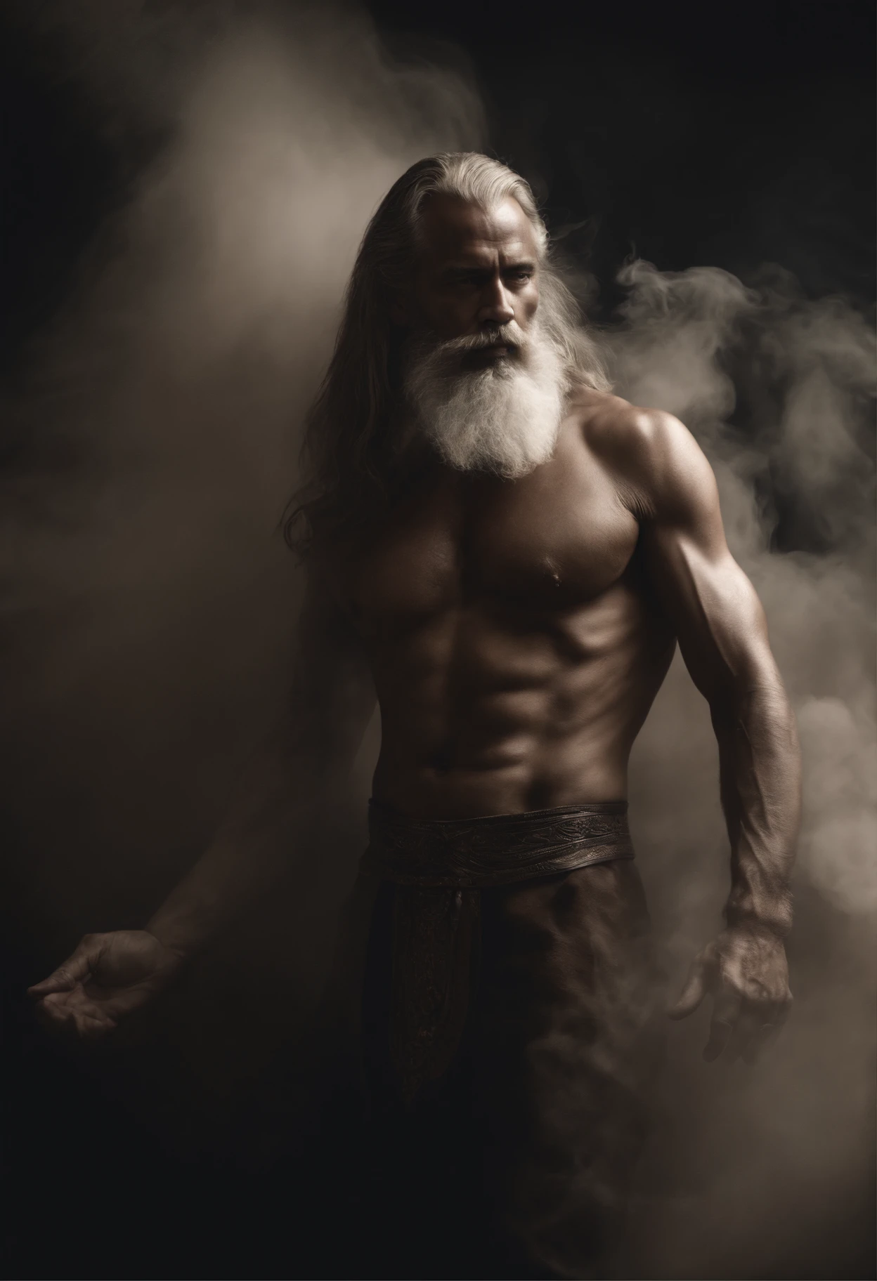ethereal photo of 2 men, 1 white Irish man, 1 African man, 50 years old, shirtless, emerging from swirling strokes of smoke and vapors, long hair, style of Peter Lindbergh, intricate artwork masterpiece, ominous, golden ratio, trending on cgsociety, intricate, epic, trending on artstation, by artgerm, h. r. giger and beksinski, highly detailed, vibrant, production cinematic character render, ultra high quality model