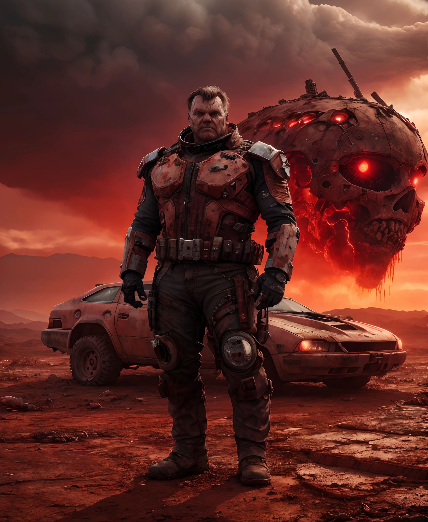 In a post-apocalyptic wasteland, the mind-bending meatloaf entity cyborg stands against a blood-red sky, its form a blend of twisted metal and grotesque flesh, a symbol of technological corruption. The environment is a barren desert, with cracked earth and shattered remnants of civilization tered around. The atmosphere is suffused with a sense of dread and hopelessness, as if the world itself is on the brink of collapse. The style is a dramatic digital painting, using bo
, ((detailed face and eyes)),