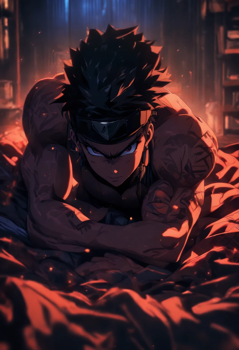 (best quality,4k,8k,highres,masterpiece:1.2),ultra-detailed,(realistic,photorealistic,photo-realistic:1.37), 1male, black tactical outfit, lying on a bed, resting, bare torso, unbuttoned, bare male chest, muscular male, black modern helmet, closed face, NSFW, erotic, ecchi, dramatic lighting, intense shadows, moody atmosphere, monochrome color scheme