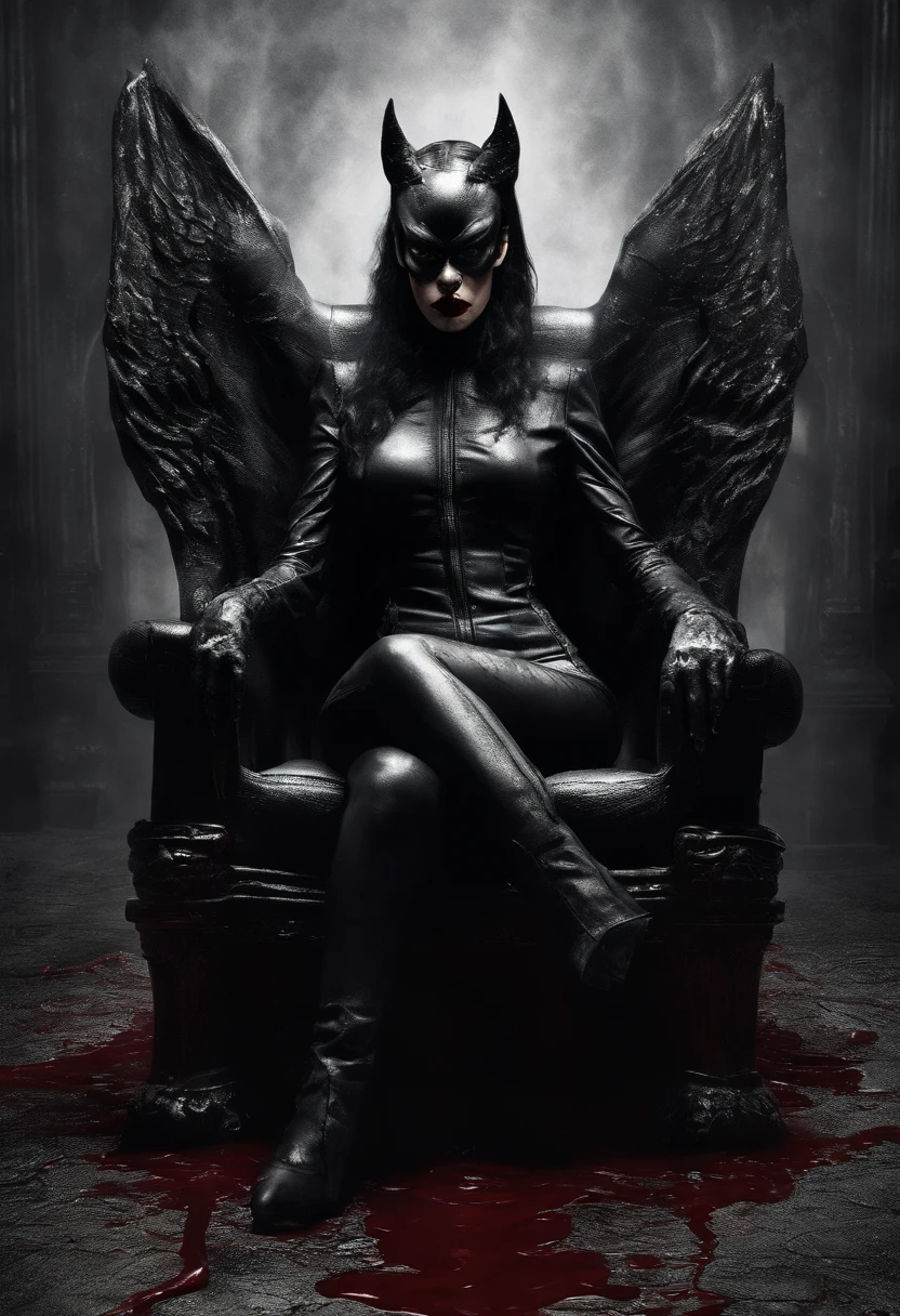 demon catwoman, sitting on a throne, hand covering face, drenched in thick red liquid, huge black wings, floor covered in thick red liquid, evil, cinematic lighting, golden ratio