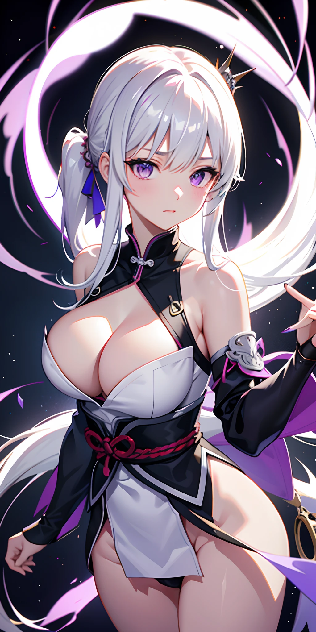 1girll, Japanese clothes, pony tails ,White hair, Purple eyes, Magical Circle, bluefire, Blue Flame, the wallpaper, landscape, Blood, blood spatter, Depth of field, Night, Light particles, Light rays, side-lighting, Thighs, fate \(Open clothes, Naked upper body, breast enhancement, Cleavage cutting, folding, breast enhancement, Nudity, Sexy, , , hand behind head, Brown eyes, Fluffy