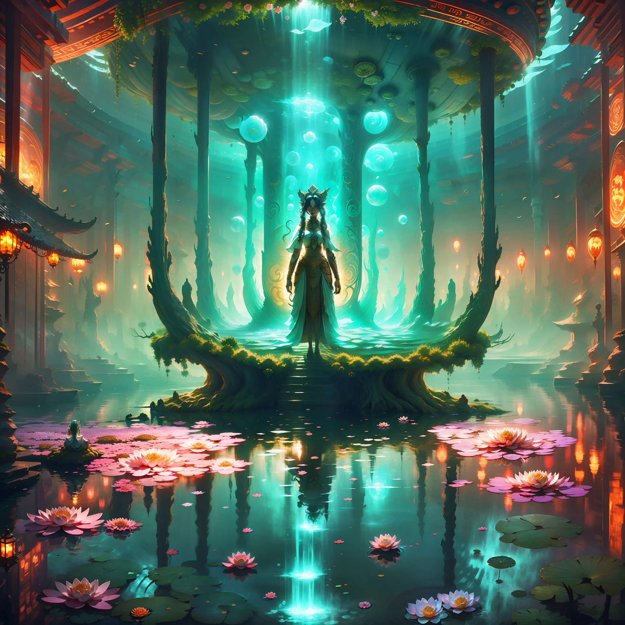 A wide panorama of a deep lake of clear water with mermaids, Bodies made of mass of water and lotus flowers on the head;, a tree right in the center from where the bright flowers fall
