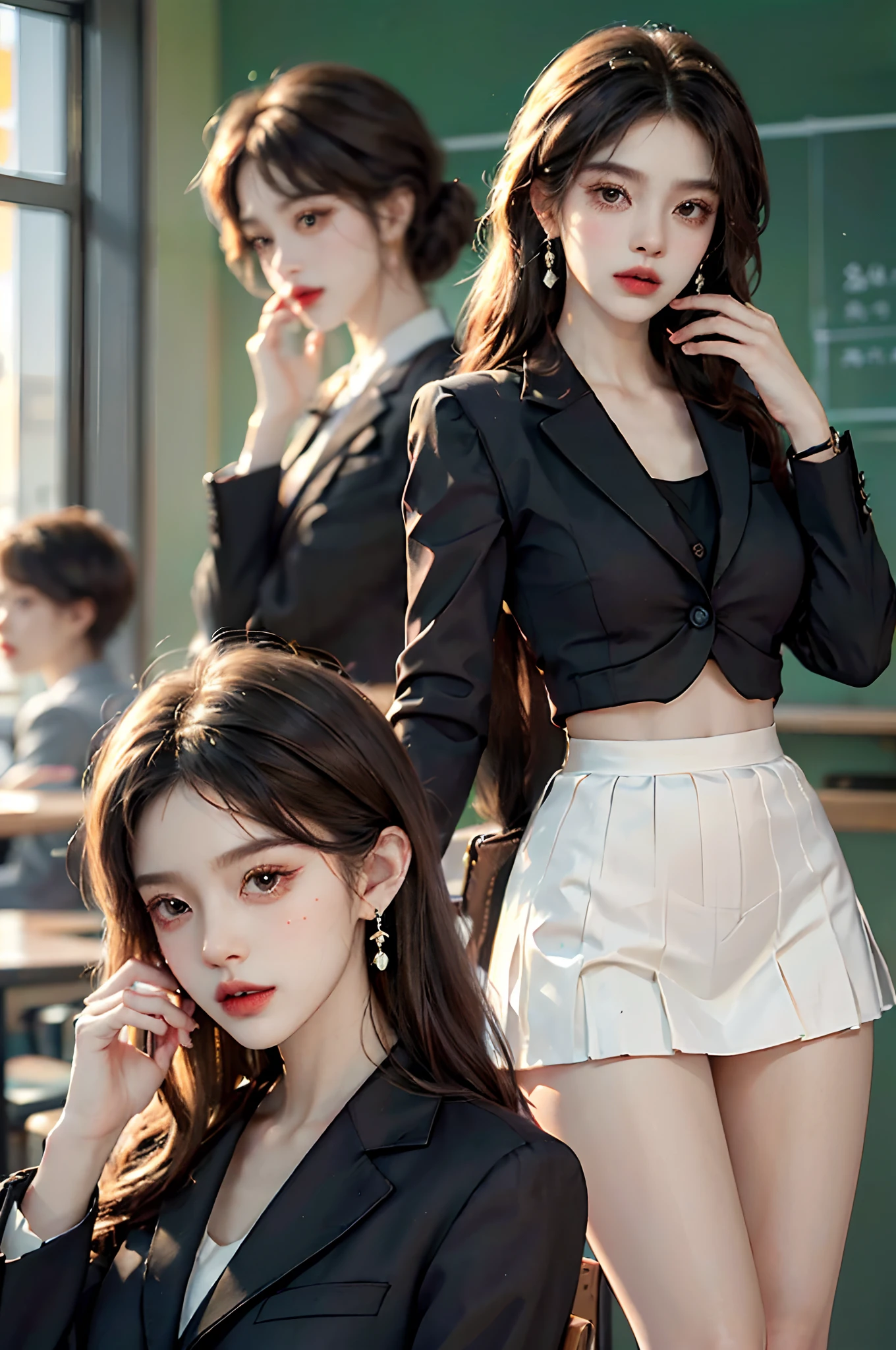 ((full body)), ((Parallel perspective)), ((realistic)), (Front Shooting), 1girl, Asian model, slim, ((Black suit, Business suit, tiese, White pleated skirt)), Campus style, Classroom, sitting on the classroom desk, (warm lights, a warm color palette), Detailed details, ultra-detailliert, (tmasterpiece, best qualtiy), (An extremely delicate and beautiful work), Delicate earrings, Simple blurred background, Extreme detail description, Ultra-fine painting, Delicate face, slim toned body