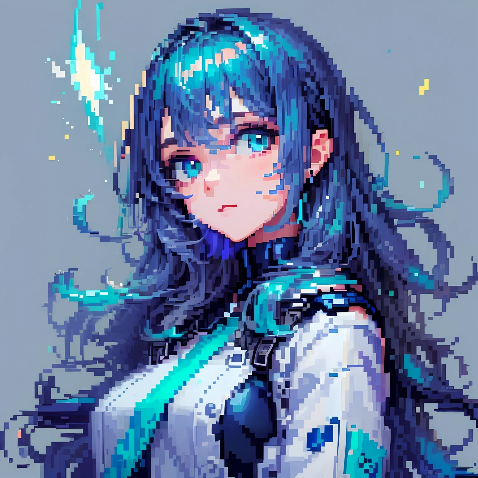 ((in the style of pixel art)), pixel, 4 bits pixel art, 1girl, close-up, face only, dark blue hair, inner light hair, cyan eyes, aqua eyes, light particles, big hair, wavy hair, very long hair, pixel official art, absurd res, looking at viewer, solo focus, dynamic angle, head tilt, simple background, gray background, ultra detailed pixel art