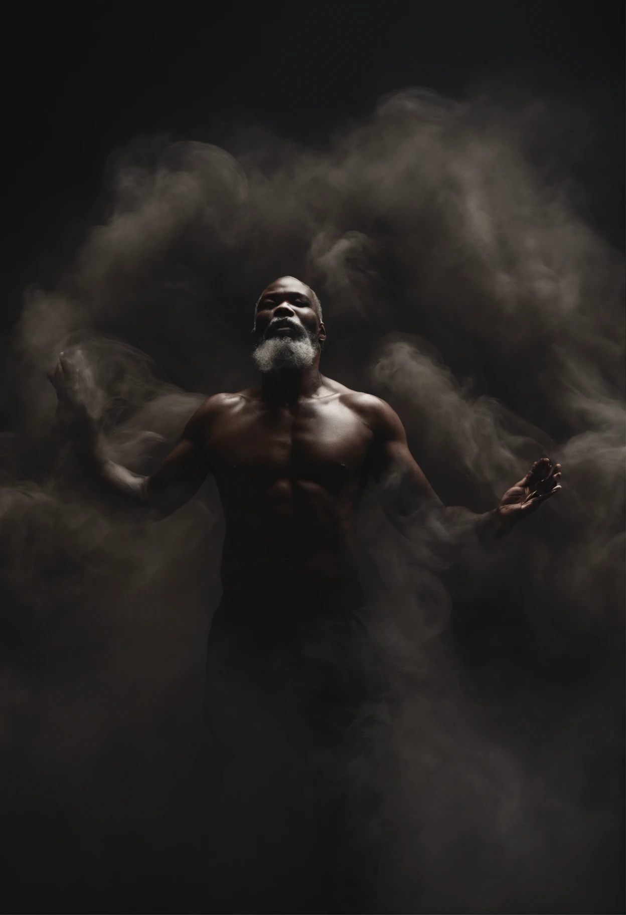 ethereal photo of 2 men, 1 white Irish man, 1 African man, 50 years old, shirtless, emerging from swirling strokes of smoke and vapors, long hair, style of Peter Lindbergh, intricate artwork masterpiece, ominous, golden ratio, trending on cgsociety, intricate, epic, trending on artstation, by artgerm, h. r. giger and beksinski, highly detailed, vibrant, production cinematic character render, ultra high quality model