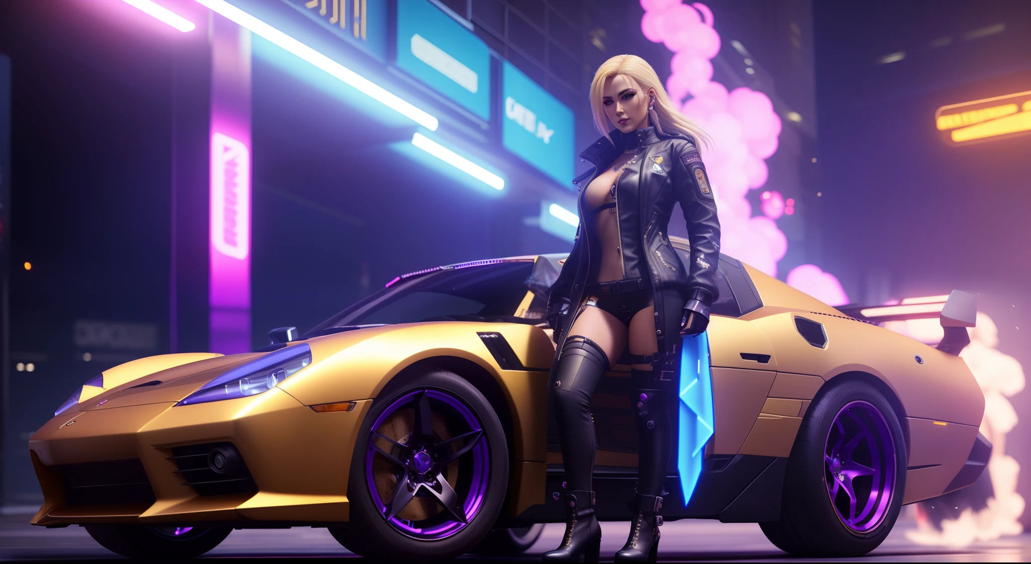 blond woman in leather outfit standing next to a sports car, cyberpunk angry gorgeous goddess, cyberpunk 2 0 y. o model girl, cyberpunk femme fatale, cyberpunk art ultrarealistic 8k, beautiful cyberpunk woman model, female cyberpunk anime girl, cyberpunk style , hyperrealistic, cyberpunk beautiful girl, style of cyberpunk 2 0 7 7, cyberpunk judy alvarez, cyberpunk 8 k