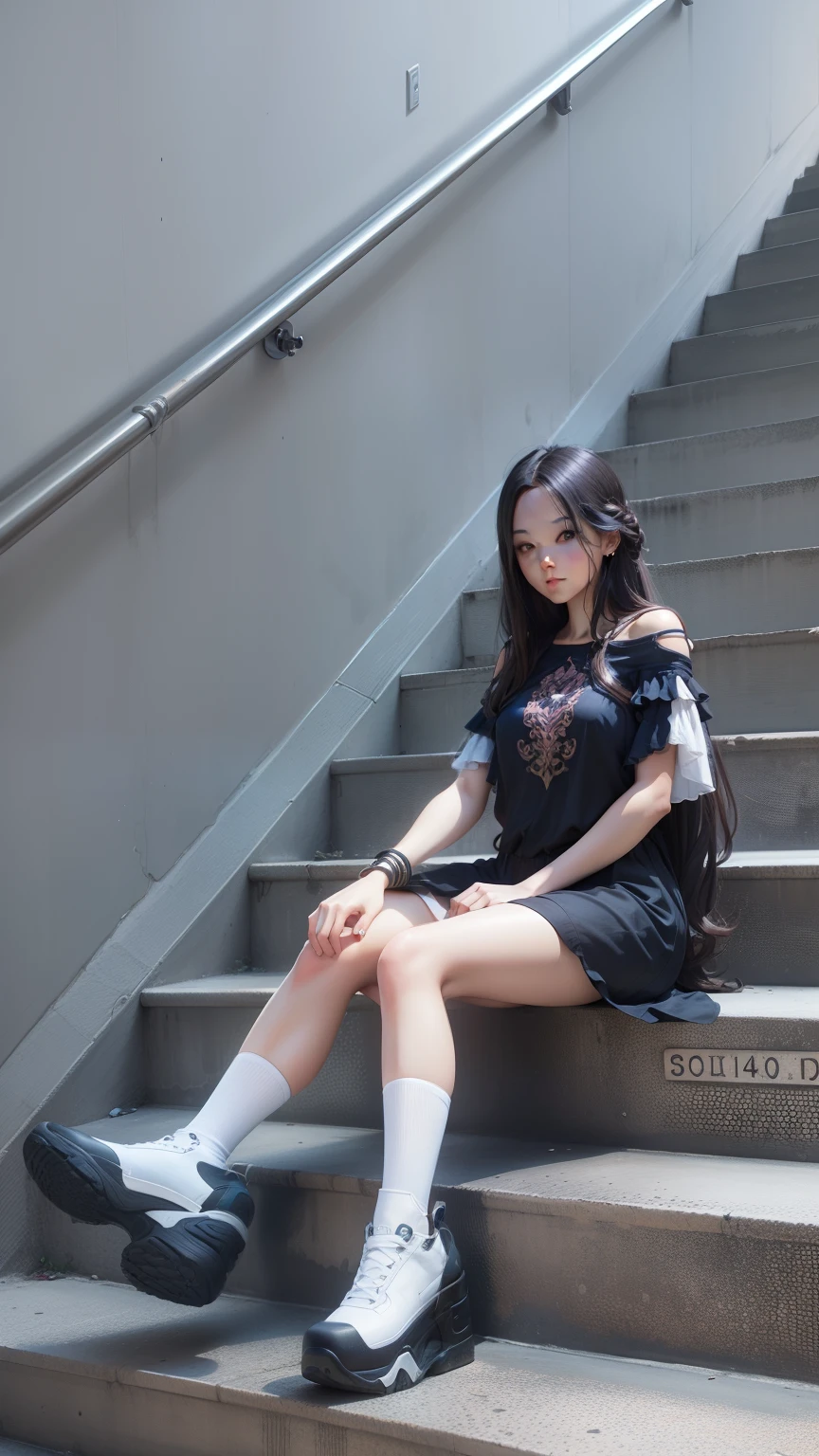 Beautiful girl,beautiful eyes,sitting at the stairs, shoulder-length hair, Flowing hair,detail,sexy,