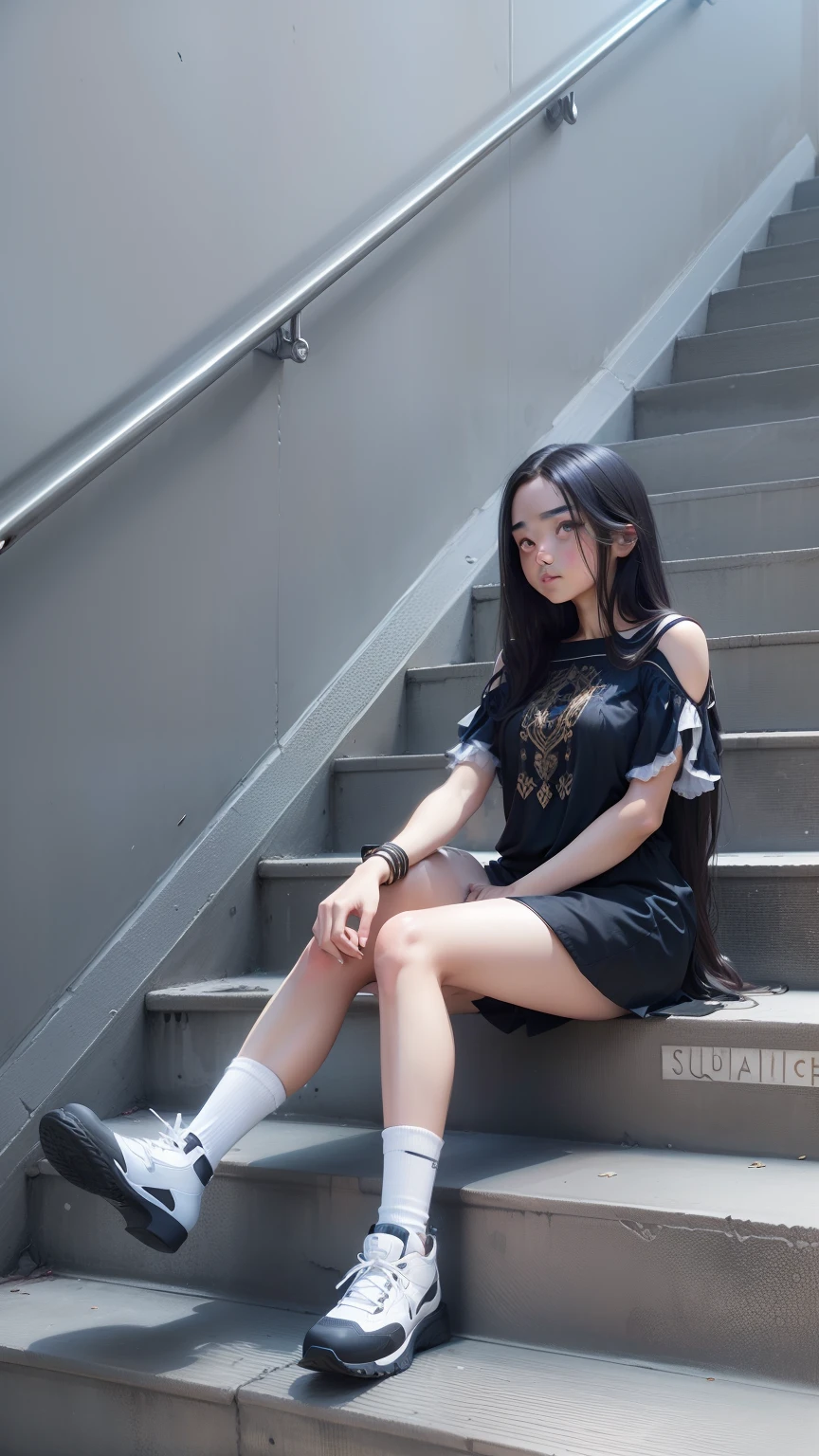 Beautiful girl,beautiful eyes,sitting at the stairs, shoulder-length hair, Flowing hair,detail,sexy,
