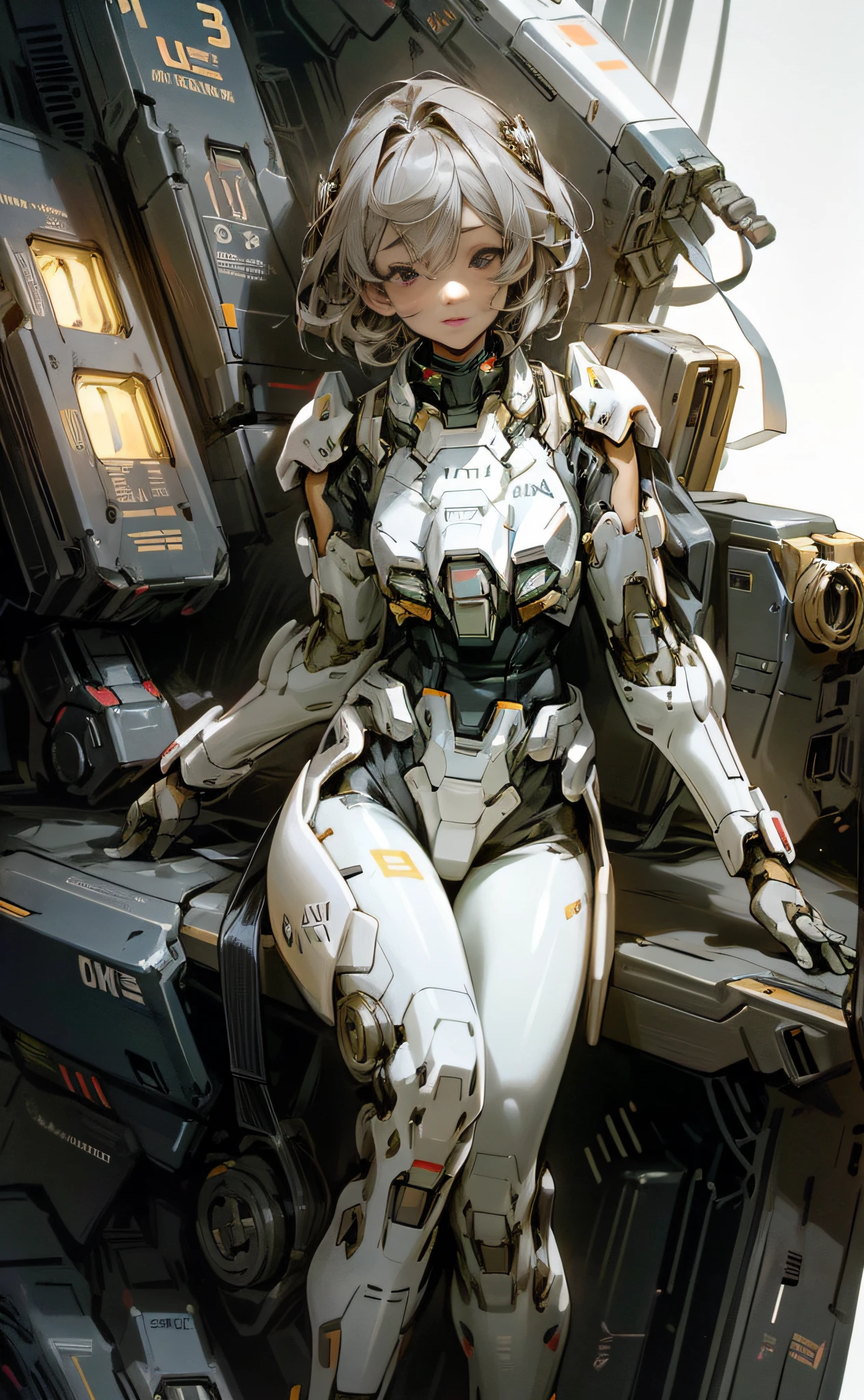 (((only one person))), (((only one face))), inside the cockpit, precision equipment, Very beautiful face, detailed face, very beautiful eyes, detailed eyes, a beautiful woman in a Gundam pilot suit sitting in the cockpit, movie scene, 8K quality, (((whole body))), (masterpiece), realistic, young and cute one anime woman, beautiful face, sunshine, cinematic light, one beautiful woman, beautiful dark eyes, milk beige medium hair , perfect anatomy, so cute, princess eyes, (black eyes), intermediate image, style, bioluminescence, life-size 8 sizes, 8k resolution, human hand, strange perfection, elegant, near-perfect, dynamic, Highly detailed character sheets, concept art, smooth placement, stunningly beautiful 20s girls, detailed hairstyles, (((Determination-filled dignified eyes))), (((A lot of instruments emitting a faint light in front of the girl)))