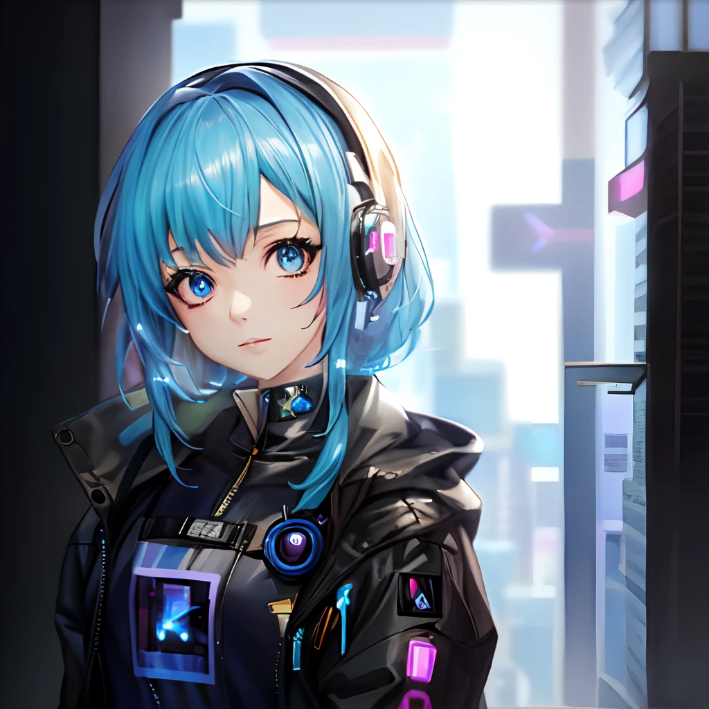 Anime girl with blue hair and blue eyes in a black jacket, anime style 4 k, portrait anime space cadet girl, Cyberpunk Anime Girl, Digital Cyberpunk Anime Art, Anime style. 8K, female cyberpunk anime girl, cyberpunk anime girl in hoodie, digital cyberpunk - anime art, dreamy cyberpunk girl, Cyberpunk anime girl mecha, anime cyberpunk art