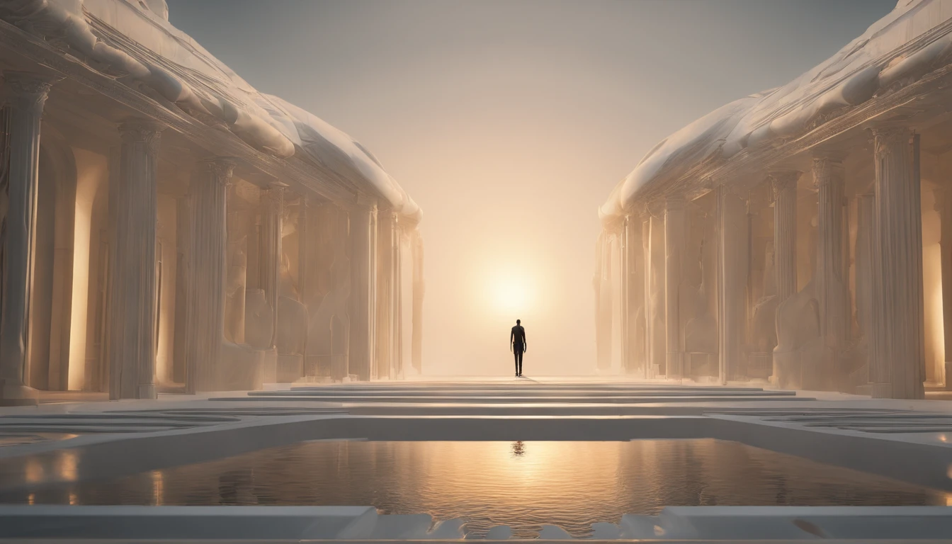 Stuart Lippincott style,God Online,in awe,Light,The sacred world,Huge futuristic statues floating around,Skysky,Awe-inspiring and peaceful,Detailed composition,Subtle geometric elements,refuge,Fresh and soft atmosphere,amber hues,Huge statue surrounded by small people,Fluid,Powerful,Small size,Yuri Shudov style,Philip McKay style,Works of masters,超詳細,HighestQuali,8K