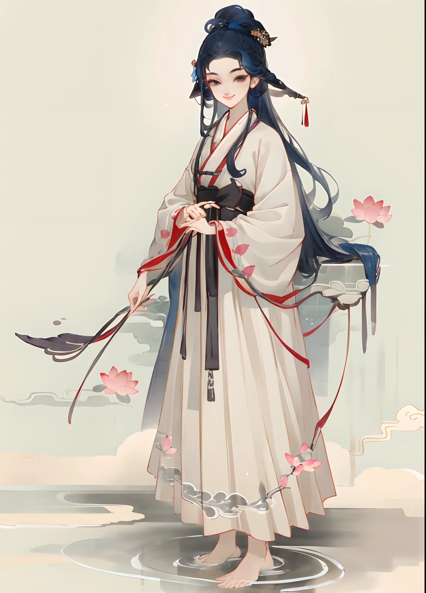 ((4k,masterpiece,best quality)), shuimobysim, traditional chinese ink painting, lotus, hanfu, maxiskit, dress conservatively 1girl, solo, long blue hair, smile, standing, feet in the water, barefoot,