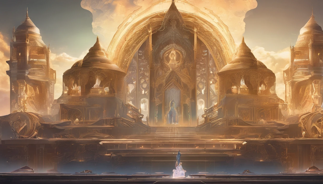 Stuart Lippincott style,God Online,in awe,Light,The sacred world,Huge futuristic statues floating around,Skysky,Awe-inspiring and peaceful,Detailed composition,Subtle geometric elements,refuge,Fresh and soft atmosphere,amber hues,Huge statue surrounded by small people,Fluid,Powerful,Small size,Yuri Shudov style,Philip McKay style,Works of masters,超詳細,HighestQuali,8K