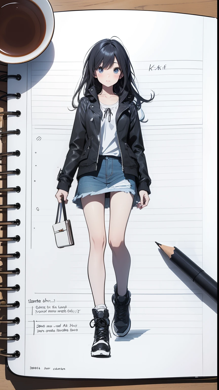 a sketch of a girl in a notebook, pencil, drawing, sketch, concept art