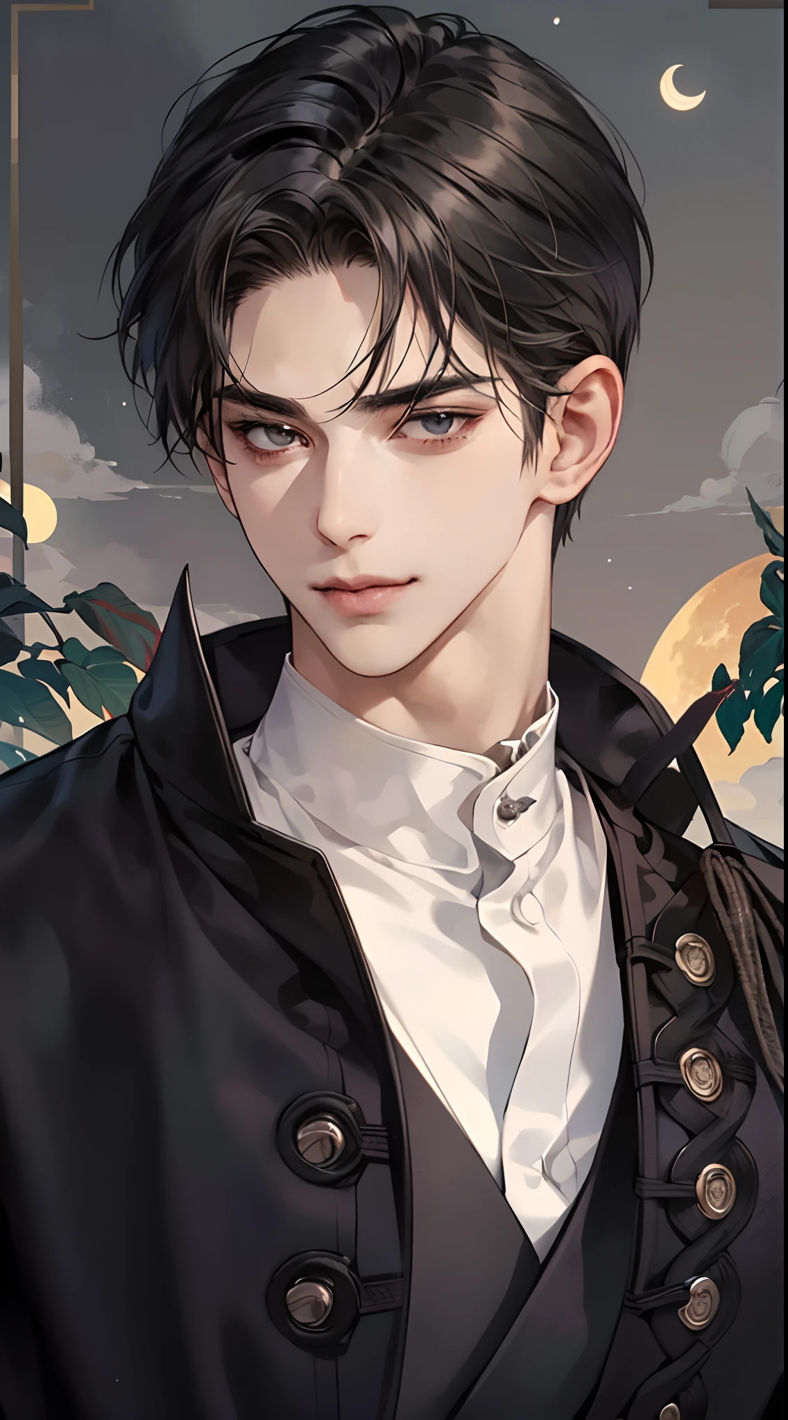 a close up of a man in a shirt looking at the camera, moon behind him, delicate androgynous prince, handsome prince, anime handsome man, handsome guy in demon slayer art, charming sly smile, inspired by Bian Shoumin, manhwa, tall anime guy with black eyes, short black hair, beautiful androgynous prince, heise jinyao, extremely handsome