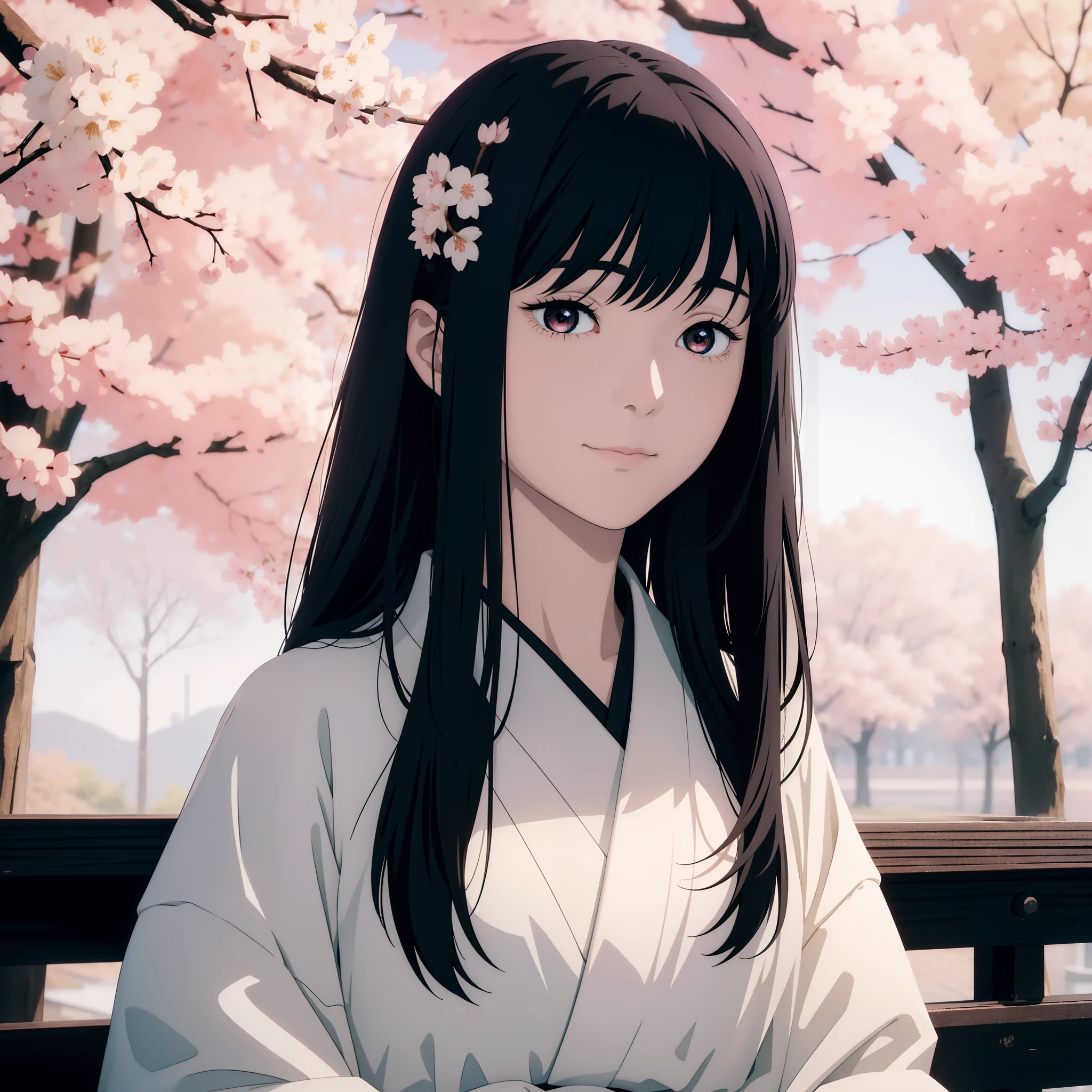 1girl, pale woman, long black hair, haori, japanese clothes, white clothes, beautiful face, sakura tree's, sakura blossom, upper body, slight smile, closed mouth, looking at viewer, masterpiece, best quality, high detailed illustration, high detailed background