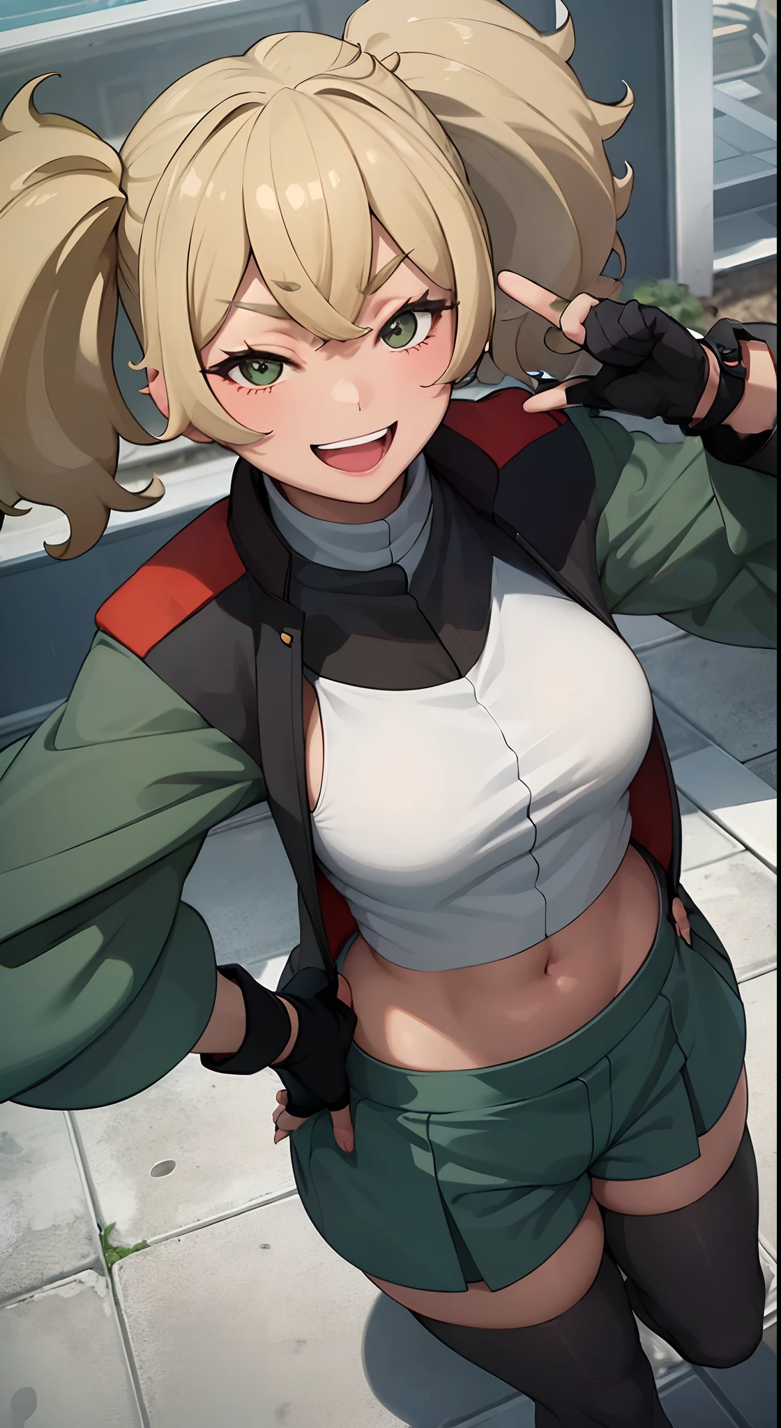 masterpiece, best quality, absurdres,1 girl, uniform, green short pants, blond hair, smile, black fingerless gloves,