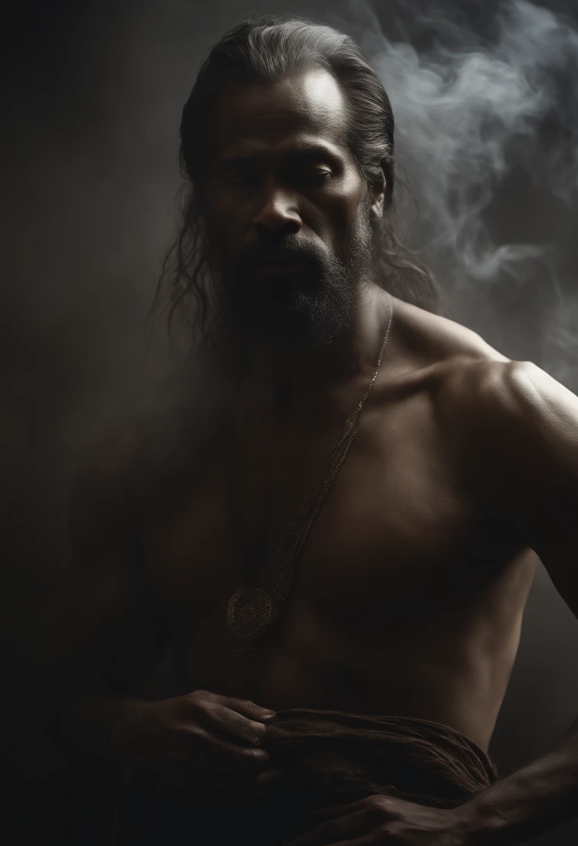 ethereal photo of 2 men, 1 white Irish man, 1 African man, 50 years old, nude, emerging from swirling strokes of smoke and vapors, long hair, style of Peter Lindbergh, intricate artwork masterpiece, ominous, golden ratio, trending on cgsociety, intricate, epic, trending on artstation, by artgerm, h. r. giger and beksinski, highly detailed, vibrant, production cinematic character render, ultra high quality model