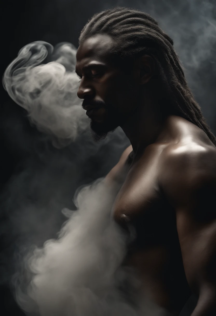 ethereal photo of 2 men, 1 white Irish man, 1 African man, 50 years old, nude, emerging from swirling strokes of smoke and vapors, long hair, style of Peter Lindbergh, intricate artwork masterpiece, ominous, golden ratio, trending on cgsociety, intricate, epic, trending on artstation, by artgerm, h. r. giger and beksinski, highly detailed, vibrant, production cinematic character render, ultra high quality model