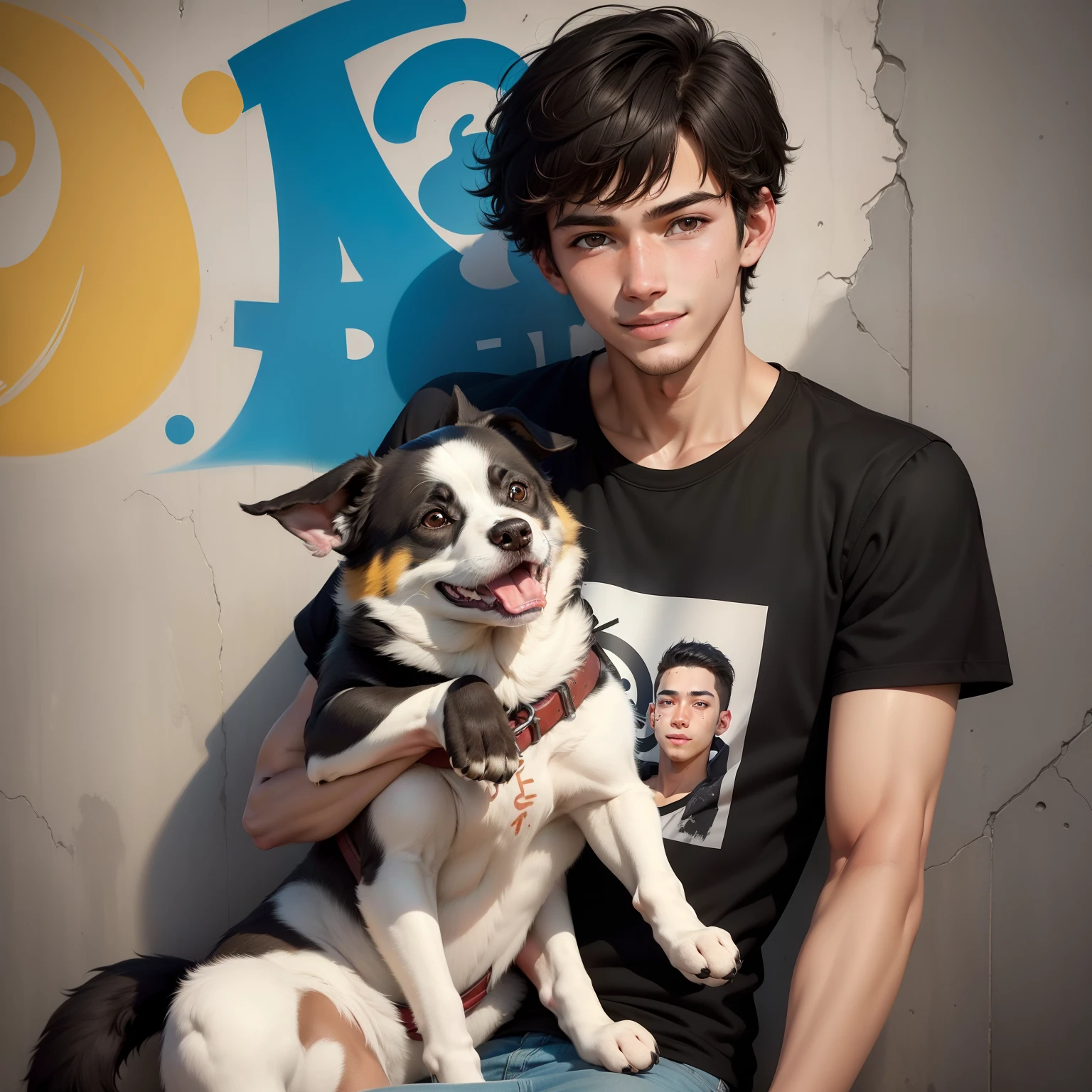 A very handsome ager passed by me and inadvertently saw me, bust photo, smiling and looking at me. High nose, yellow race, relatively white skin, black hair, medium hair. The background is a wall with various graffiti on it. He wears simple short sleeves and holds a cute dog. Highest quality. Blind eyes