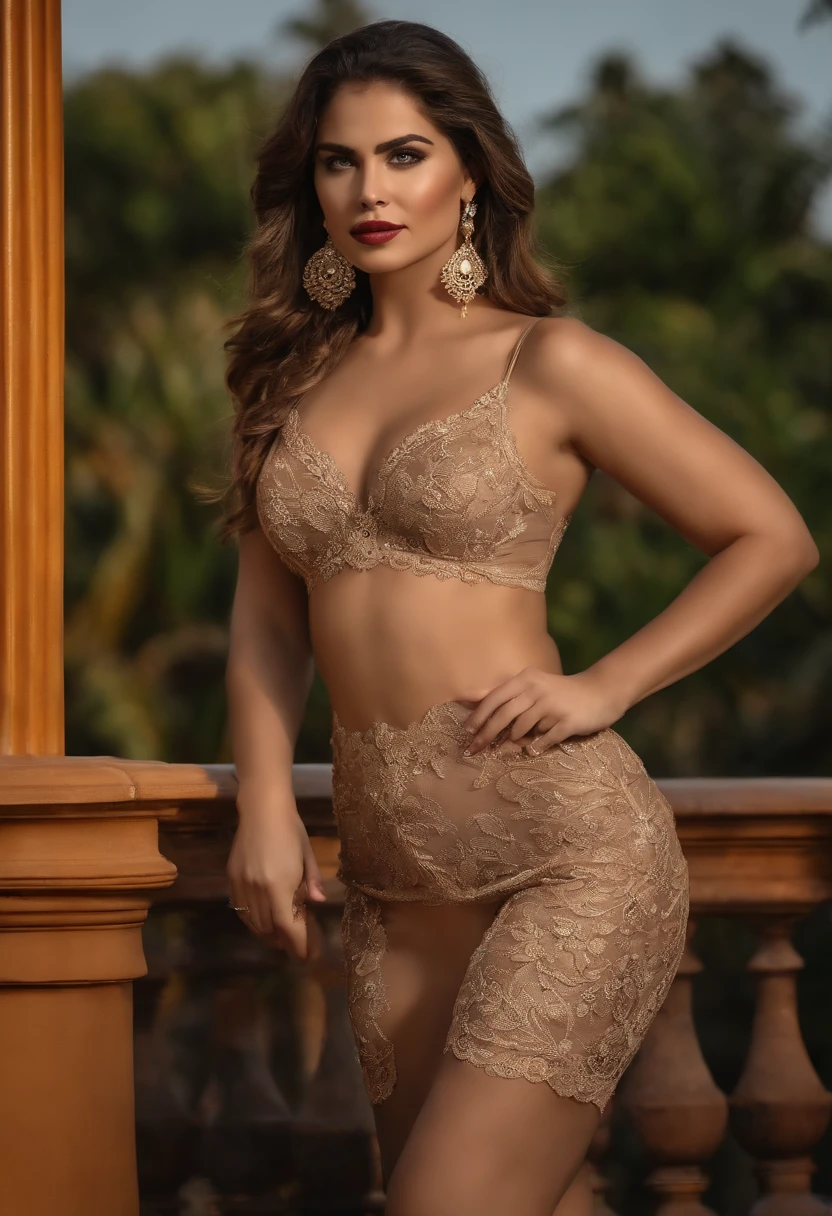 Corpo inteiro de uma Mulher loira elegante e sofisticada. sedutor, Paquera, sorriso sexy. seios grandes nus, lingerie fina e requintada. perfectly proportions