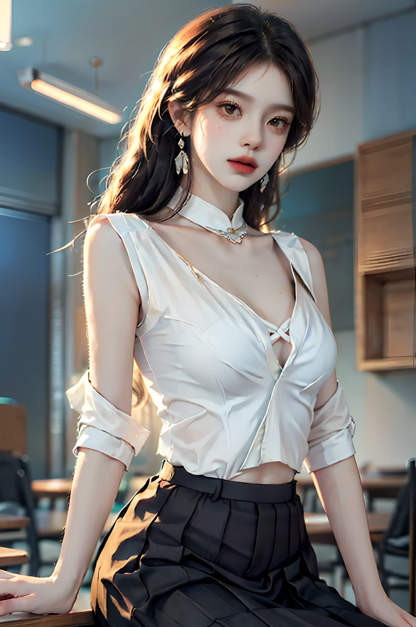 ((cowboy shot)), ((Parallel perspective)), ((realistic)), 1girl, Asian model, slim, ((Black suit, Business suit, tiese, White pleated skirt)), Campus style, Classroom, sitting on the classroom desk, (warm lights, a warm color palette), Detailed details, ultra-detailliert, (tmasterpiece, best qualtiy), (An extremely delicate and beautiful work), Delicate earrings, Simple blurred background, Extreme detail description, Ultra-fine painting, Delicate face, slim toned body