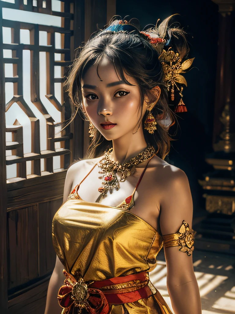 A woman in a gold dress posing for a picture - SeaArt AI