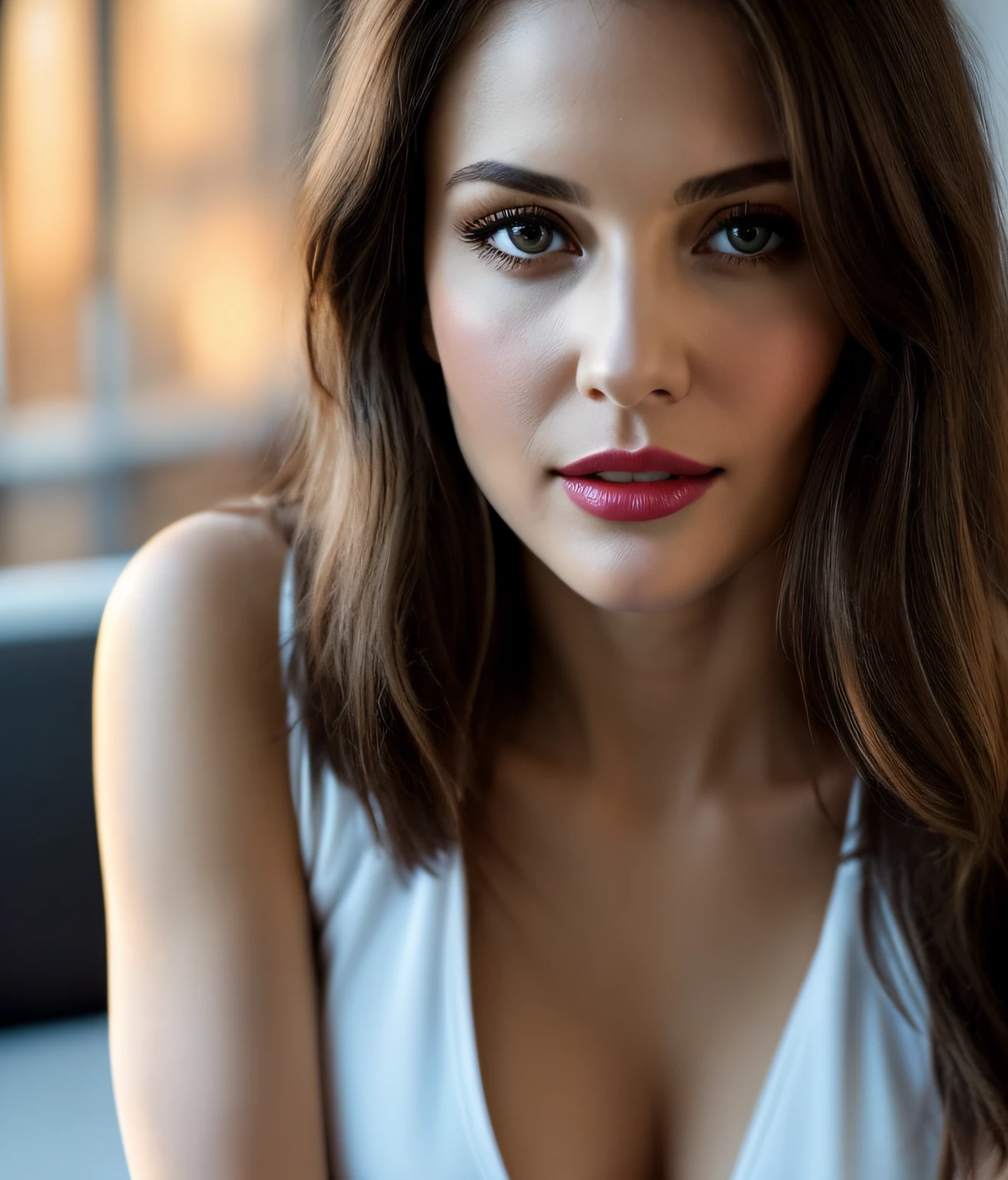 Ultra realistic cinematic soft Rembrandt light and ultra detailed golden hour portrait, Best quality, 8K, masutepiece, Ultra HD: 1.3), 1girl 38 year old stunning gorgeous legendary fashion super model in, Light brown hair, Blunt bangs, hair behind ear, hair over shoulders, Long hair, Slender body type, ultradetail face, Delicate lips, moderate breasts, Beautiful eyes, Double eyelids, lipsticks, thin blush ,Black eyes ,perfect glossy shiny skins, Flawless skin,White skin of the,perspired,Invite your gaze, chest,Ultra-thin pointer, Ultra-thin fingers, beautifullegs 、Halfway through the appointment，moderate breast，Not wearing a bra，not wearing tops，revealing breasts，Expose ，nakeness，don't have clothes，with no underpants，Rub your breast with your right hand，The left hand clasps the ，Vaginal sprays，The expression looks sexual，Enjoyed it a lot, [[[[full naked proportional body shot]]]], [[[[chest]]]], [[[[neck]]]], [[[[shoulders]]]], [[[[open legs]]]], [[[[moderate breasts]]]], [[[[sexual excitement]]]], [[[[provocative pose]]]], [[[[perfect define detailed wet vagina]]]], ((((cinematic look)))), SEX, SEX, SEX