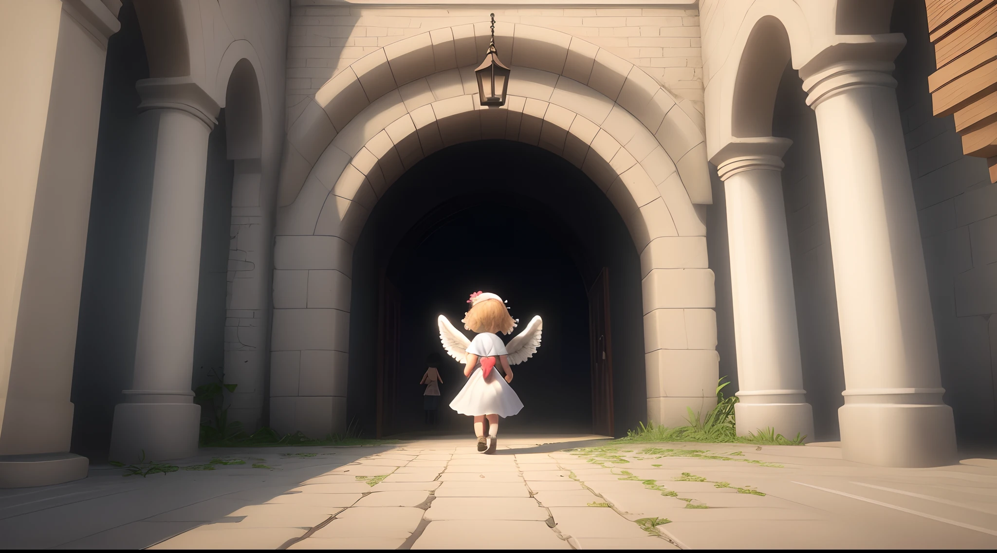 Make a character of a little angel entering paradise