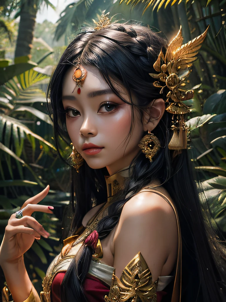 1girl, long black hair, wearing bali traditional cloth, ornament , forest, spirit, animals, high res, ultrasharp, 8K, masterpiece, looking at viewer