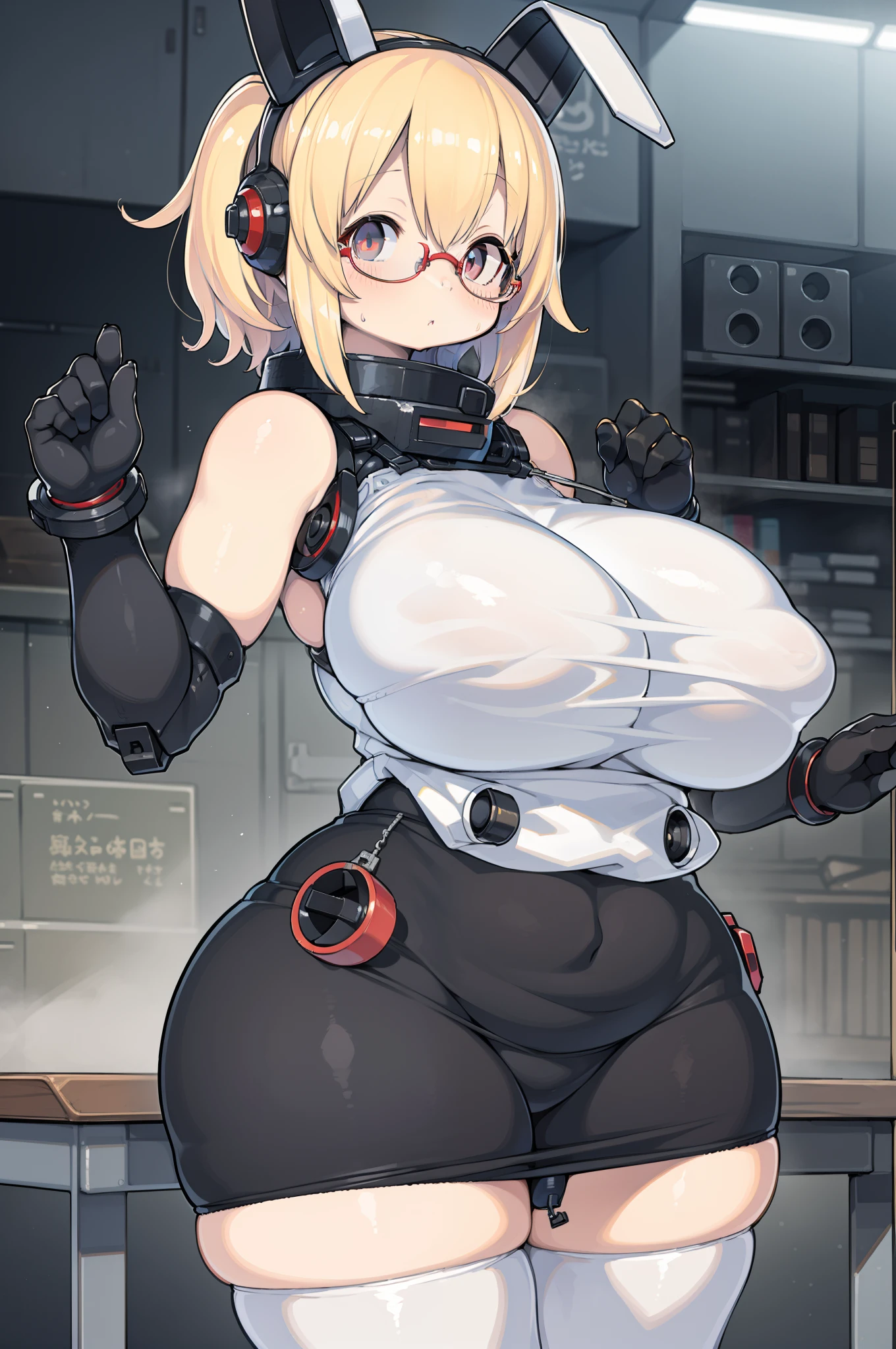 Absurd resolution, High resolution, (masutepiece: 1.4), Hyper-detailing, Young man messy black short hair spectacle welder dresses up, Highly technical robotic arm workbench、big round glasses、huge-breasted,large boob、Ultramammy、bbw、Large Thigh