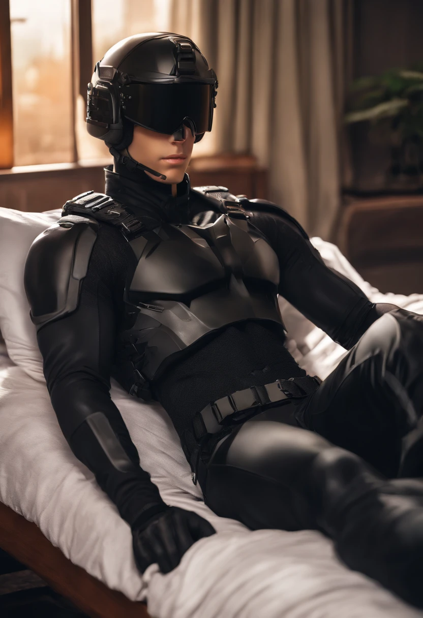 1male, black tactical outfit, lying on a bed, resting, bare torso, unbuttoned, bare male chest, muscular male, black modern helmet, closed face, NSFW, erotic, ecchi, (anime style:1.3)