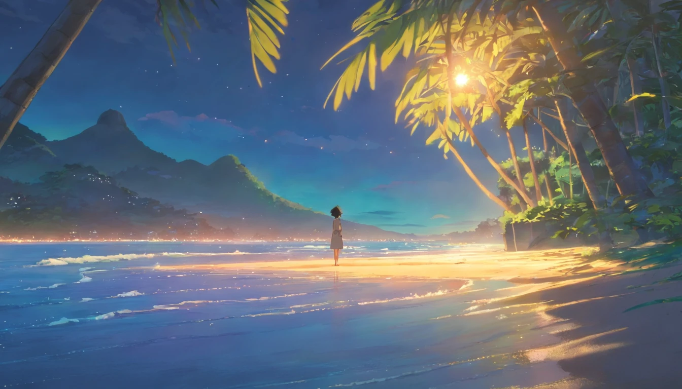 Nas praias arenosas do Rio de Janeiro, em uma noite estrelada com o horizonte, A breathtaking scene unfolds. Amid the waves and the gentle rustle of palm leaves, Um menino de cabelos pretos com pele castanha quente esta meditando focado, wrapped in a quiet moment of introspection. Radiating a sense of tranquility and depth, O menino assume uma postura meditativa, suas pernas cruzadas graciosamente, His back was straight with an air of quiet resilience.
