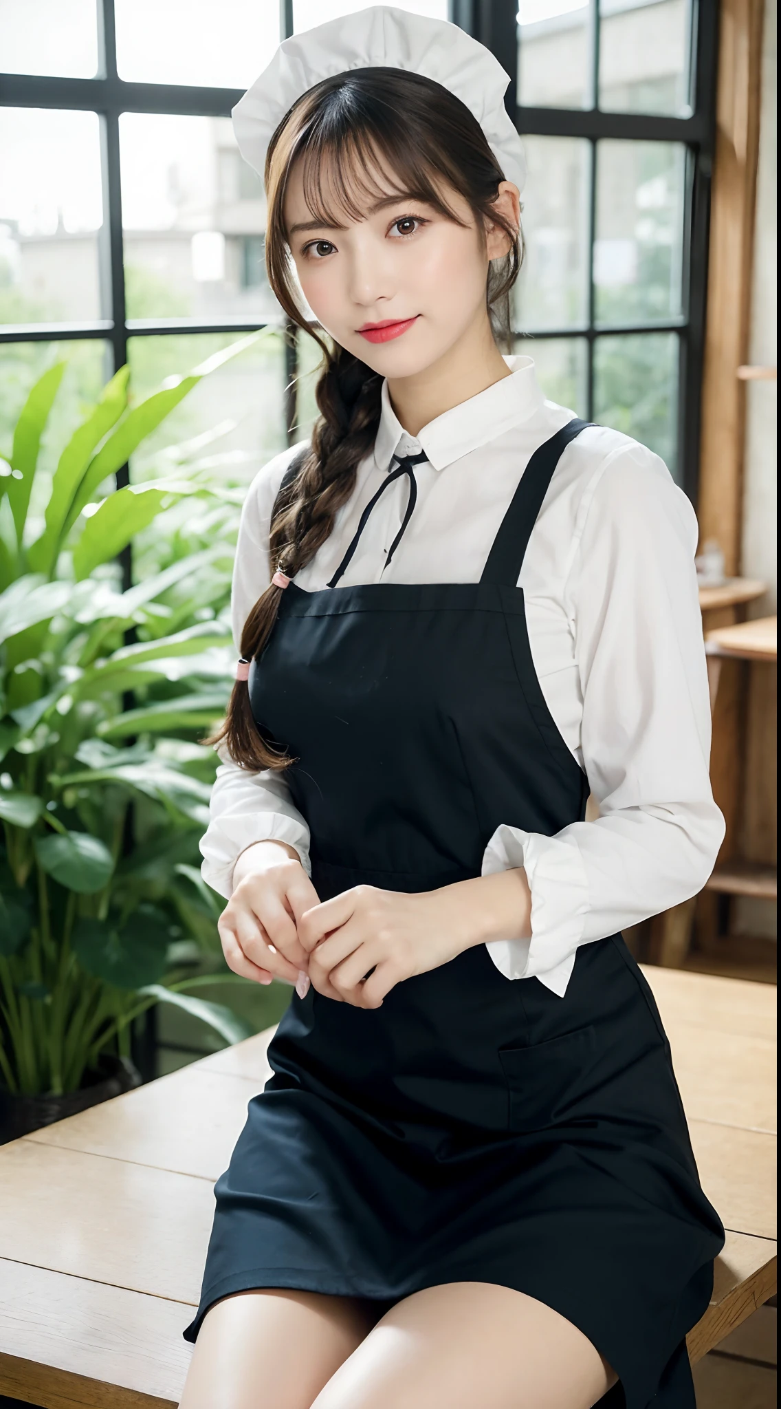 (top-quality、masterpiece:1.2)、Best Quality、realisitic、photoshot、hight resolution、1080p、8K、Textured skin、Physical Rendering、1 Japan Girls、High school students、kawaii、Young Face、Rolled hair、(waitresses:1.5、Ruffled apron)、resturant、pretty pose、full of shyness、smil、Big