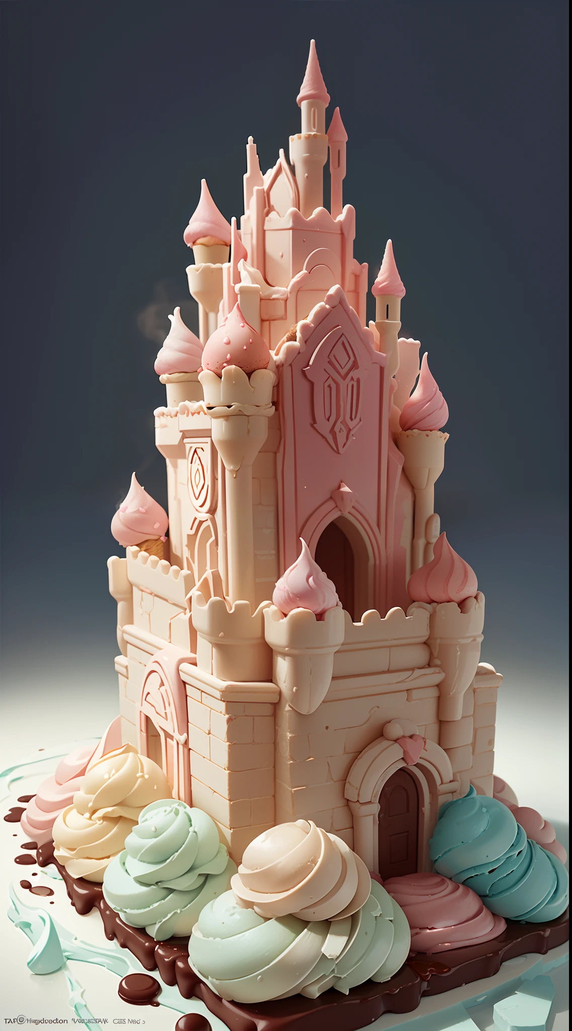 (castle made up of ice cream,ice cream turn into castle,retrofuturism aestethic,beautiful Intricate ice cream castle,Strawberry ice cream, chocolate ice cream, sundae, Hadidas ice cream,Chocolate stars, hot cocoa sauce,steam,ice cloud,Ice mist, water droplets, condensed water,Cream ice cream floor:1.25),insanely detailed, 3D rendering, studio lighting, perfect shading, perfect nuances, Unreal Engine 5, trending on ArtStation