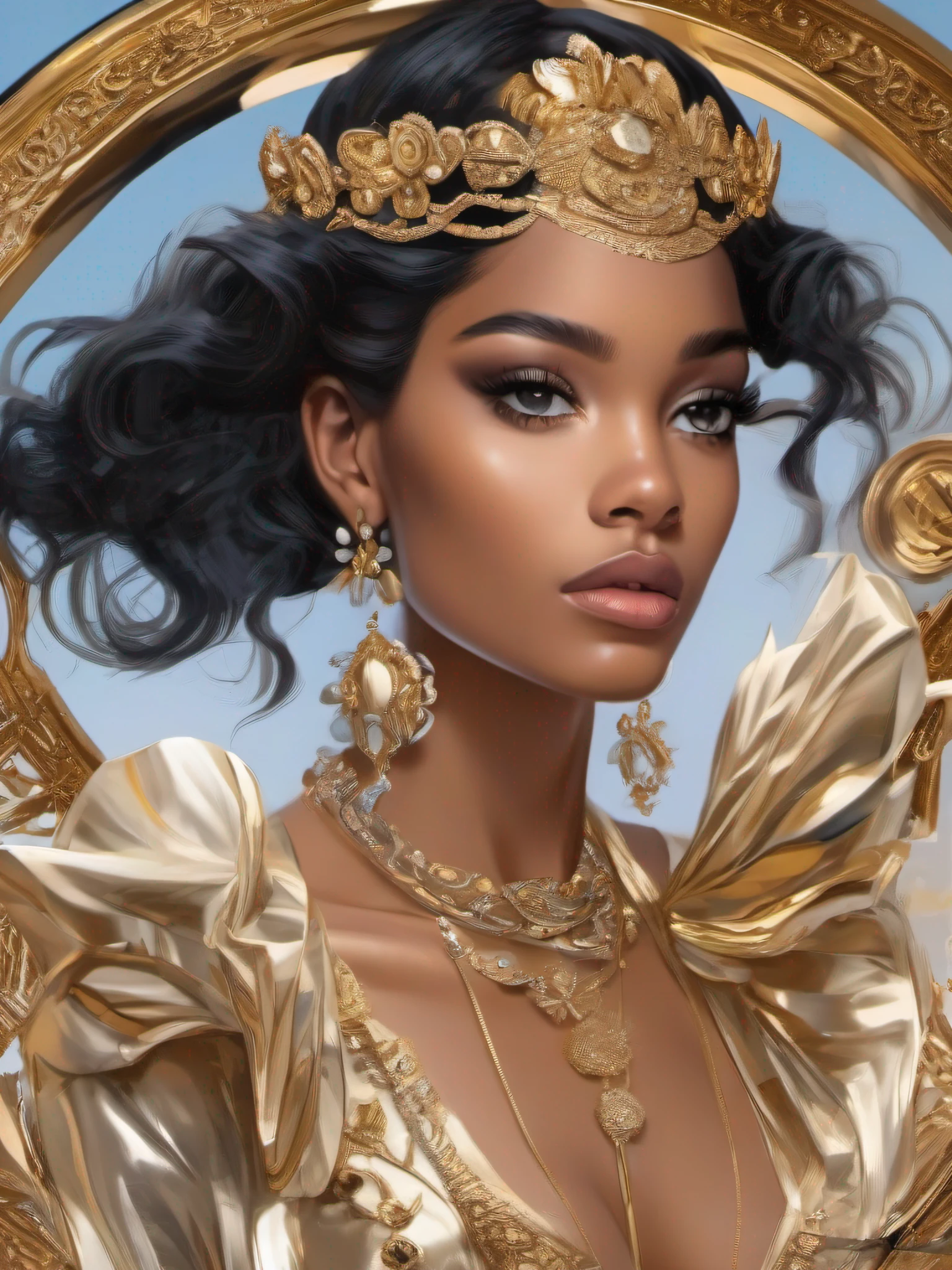 Crie uma mulher de 20anos, cabelos pretos, Corte Chanel, olhos azuis, rosto perfeito, ((seios pequenos) e redondo), Athletic and lean body, bra of precious jewelry and gold, saia plissada dourada preto, jaqueta branca com detalhes em ouro