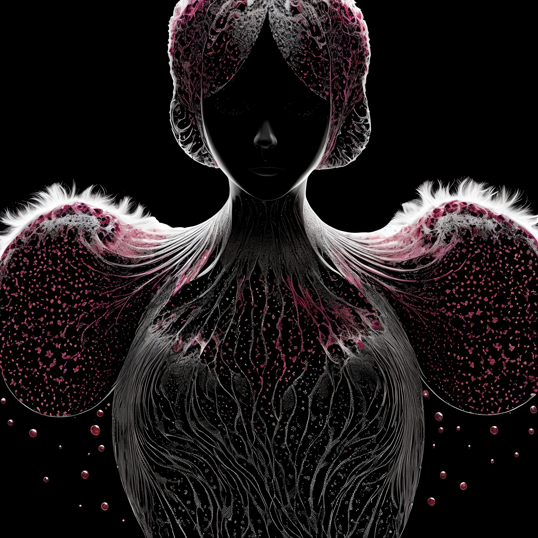 a short, slender ((female body silhouette wrapped in splash made of shiny nebula [Mandelbrot] printed on drawing of shiny fluffy fur )), glossy, shiny, vibrant colors, (reflective), volumetric, casts bright colorful highlights, refractions, best quality, partially translucent, sharp clear art, self-illuminating, inner glow, ((lighting bloom effect)), elegantly posing-dancing, reflective floor, (style of dan hillier :1.2),, (white, ruby and black color scheme)