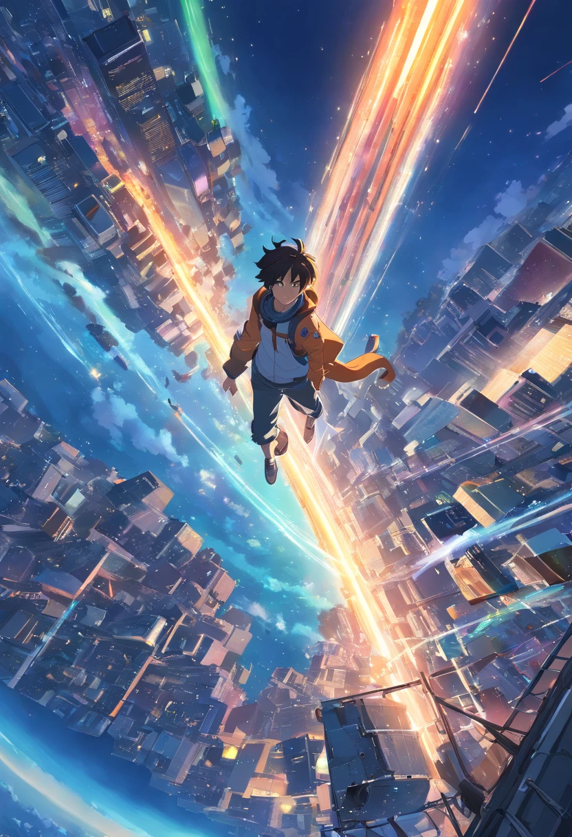 ridiculous resolution, high resolution, (masterpiece:1.4), super detailed, 1boy, seen from above, space, floating, --v 6