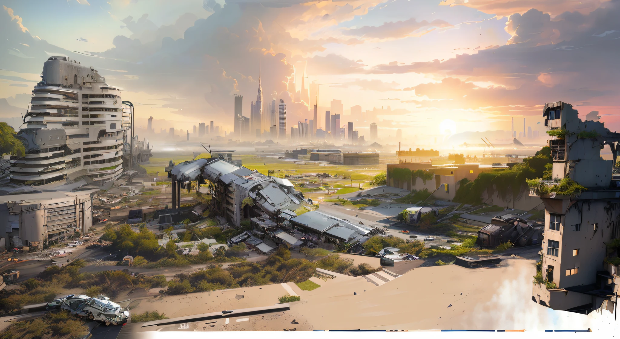 On the left is the parking building， matte painting comic book art, Dystopian digital concept art, outdoors ruined cityscape, destroyed city in background, cityscape ruins in the distance, Ruined cityscape, urban concept art, environment concept art, concept art 2022, painterly concept art, post - apocalyptic city, apex legends concept art