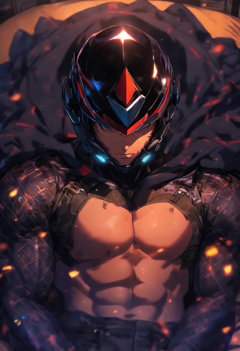 1male, Black Tactical Gear, liying on bed, Stay, Only the torso, unbuttoned, naked male breasts, muscle male, Black modern helmet, closed face, NSFW, Erotic, ecchi, (Anime style:1.3)