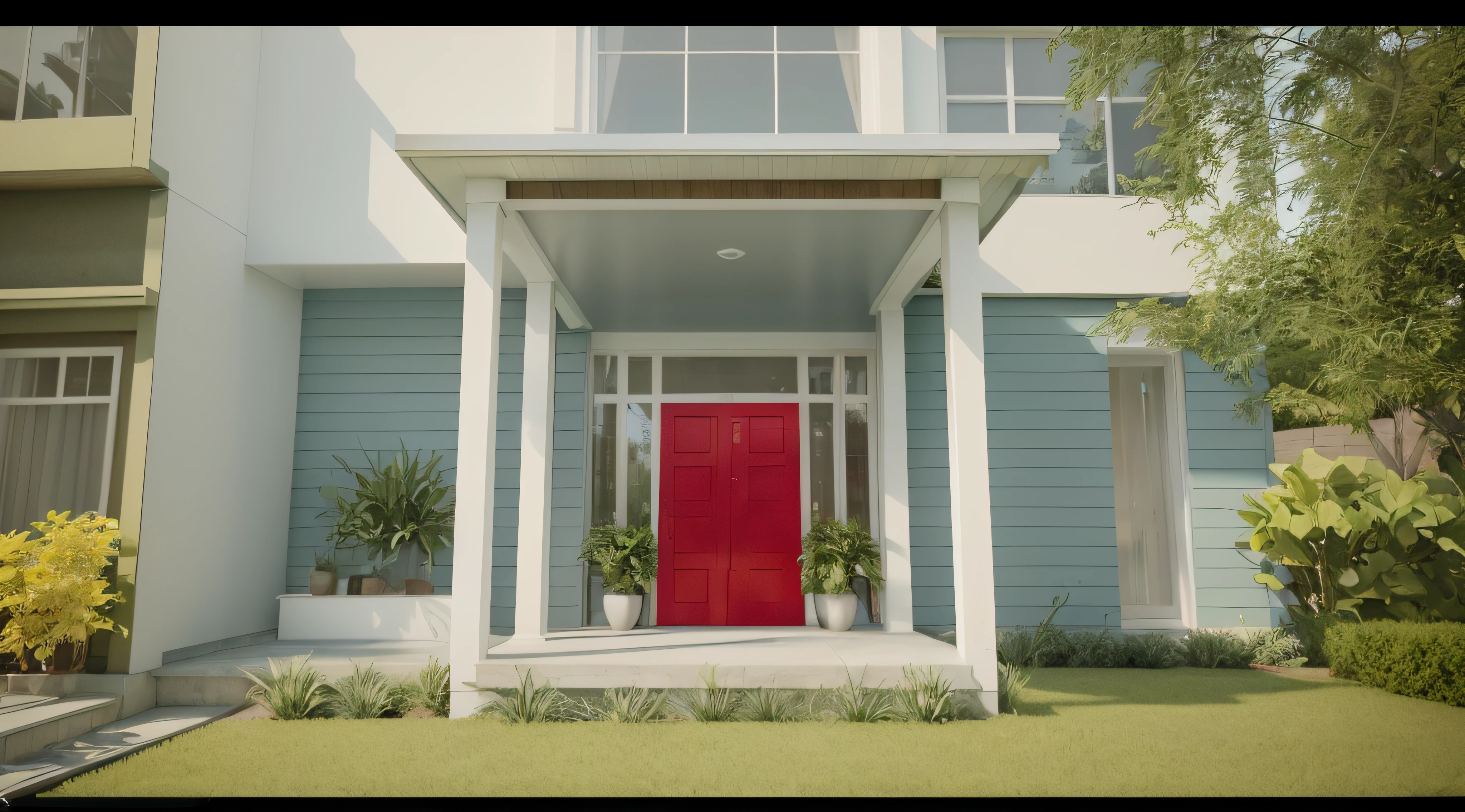 there is a red door on a blue house with white columns, realistic establishing shot, cinematic front shot, in style of ultra realistic, fine details 8k octane rendering, red door blonde, red realistic 3 d render, finalrender, rendered in lumion pro, a photorealistic rendering, photoreal octane rendering, rendered in arnold, photorealistic rendering, a hyper realistic