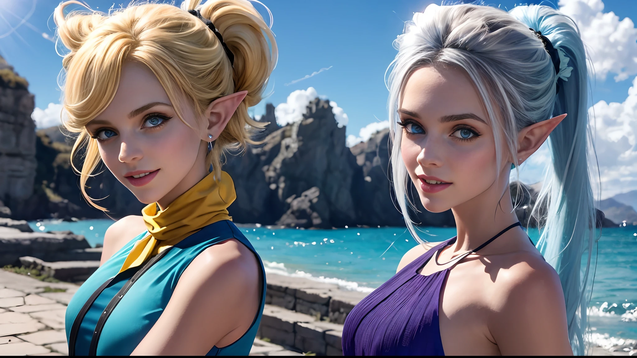 hermosas elfo, pony tail, dia soleado, alta calidad, hermosas chicas, hight definition, 8k, obra maestra, ojos azules, sonriza sin dientes, alta definicion, maxima resolucion
