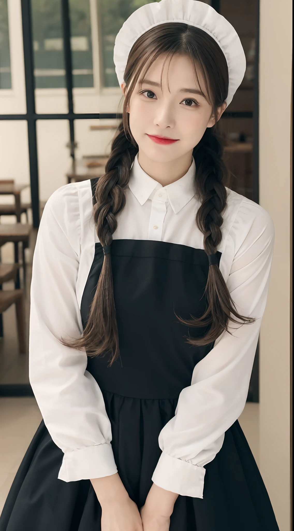 8K, Raw photography, top-quality, ​masterpiece: 1.2), ​masterpiece, Super Detail, 超A high resolution, (Realistic and realistic photos: 1.37), high-definition RAW color photography, extremely delicate and beautiful, ighly detailed, 8K Wallpaper, astonishing, detaileds, extremely detailed eye, highlydetailed skin, extremely detailed fingers, highly detailed nose, highly detail mouth, perfect anatomia,1girl in, Apron, Black Dress, Blurry, Blurry background, Blurred foreground, blush, braid, Colossal tits, depth of fields, Dress, eyebrows visible through hair, frilld, gloves, hair between eye, Indoors, Jewelry, juliet sleeves, Long sleeves, Looking at Viewer, maid, maid apronl, Maid headdress, Puffy sleeves, Short hair, Sitting, Solo, White Apron, window, Huge boobs、乃木坂アイドル、韓国アイドル、hposing Gravure Idol、女優、25-years old、tall、cafes、resturant、Italy、Americans、Australia,韓国アイドル、乃木坂アイドル、女優、hposing Gravure Idol