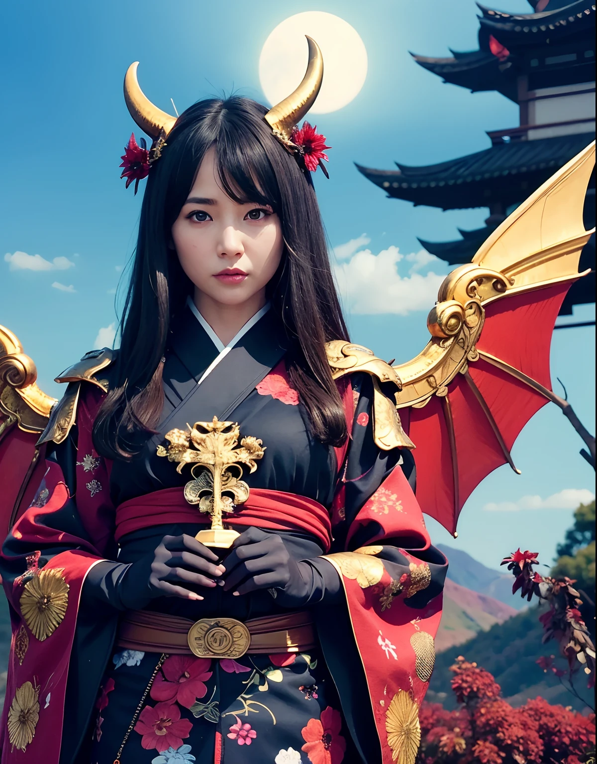 Professional , masterpiece、top-quality、photos realistic , depth of fields 、Dark Fantasy、(fullmoon:1.9)、(shooting stars:0.9)、(nebulas:1.3)、A dark-haired、(White bikini armor)、(Mystical expression)、(The fox has five tails)((Fight dragons)),(Wear a beautiful kimono),(Wear a beautiful kimono with colorful floral patterns)、Jewel Gold Weapon、Particles of light),(Has a devil's mask)、Gorgeous gold weapons ,(( Gorgeous Dragon Sword)) , (Fox Mask),,(maikurobikini) 、((Black Haired Beautiful Girl))、(Castle background)、(demonic wings)、((Gangle's forest background))、Beautiful Caucasian beauty、1a person、dynamic ungle,(((Two devil's horns on the head)))、Smaller head、Idle Smile、Thin and beautiful female hands、Mystical expression、Light Effects、intense fighting、Wind-effect、magic circles、With the legendary magic wand、Dragon's tail、