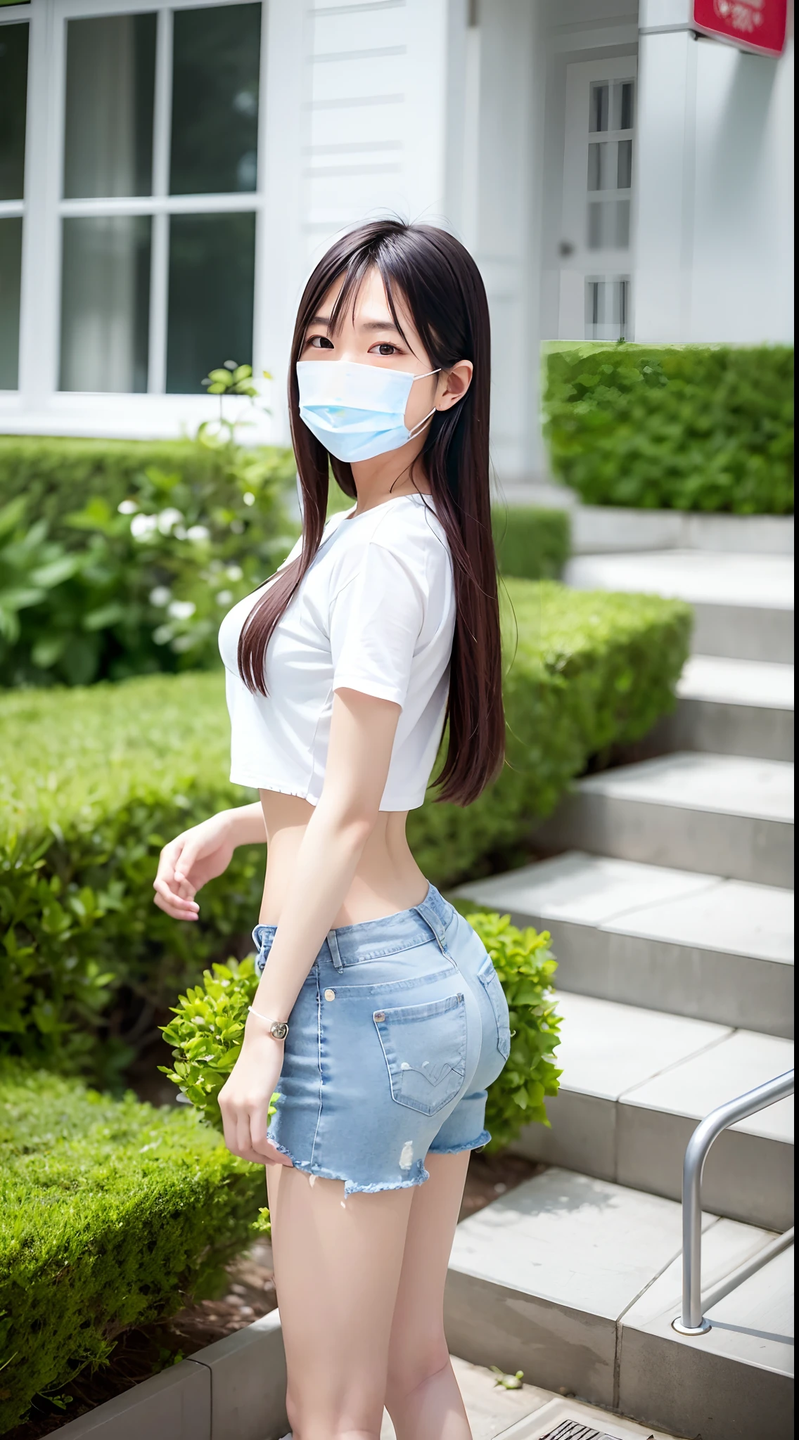 Asian woman wears denim shorts,Do not wear masks, Korean girl, Chinese girl, photo of slim girl model, waist - shot, smooth white tight clothes suit, Young skinny gravure idol, trending at cgstation, beautiful Korean women, photo of slim girl, Student, open waist