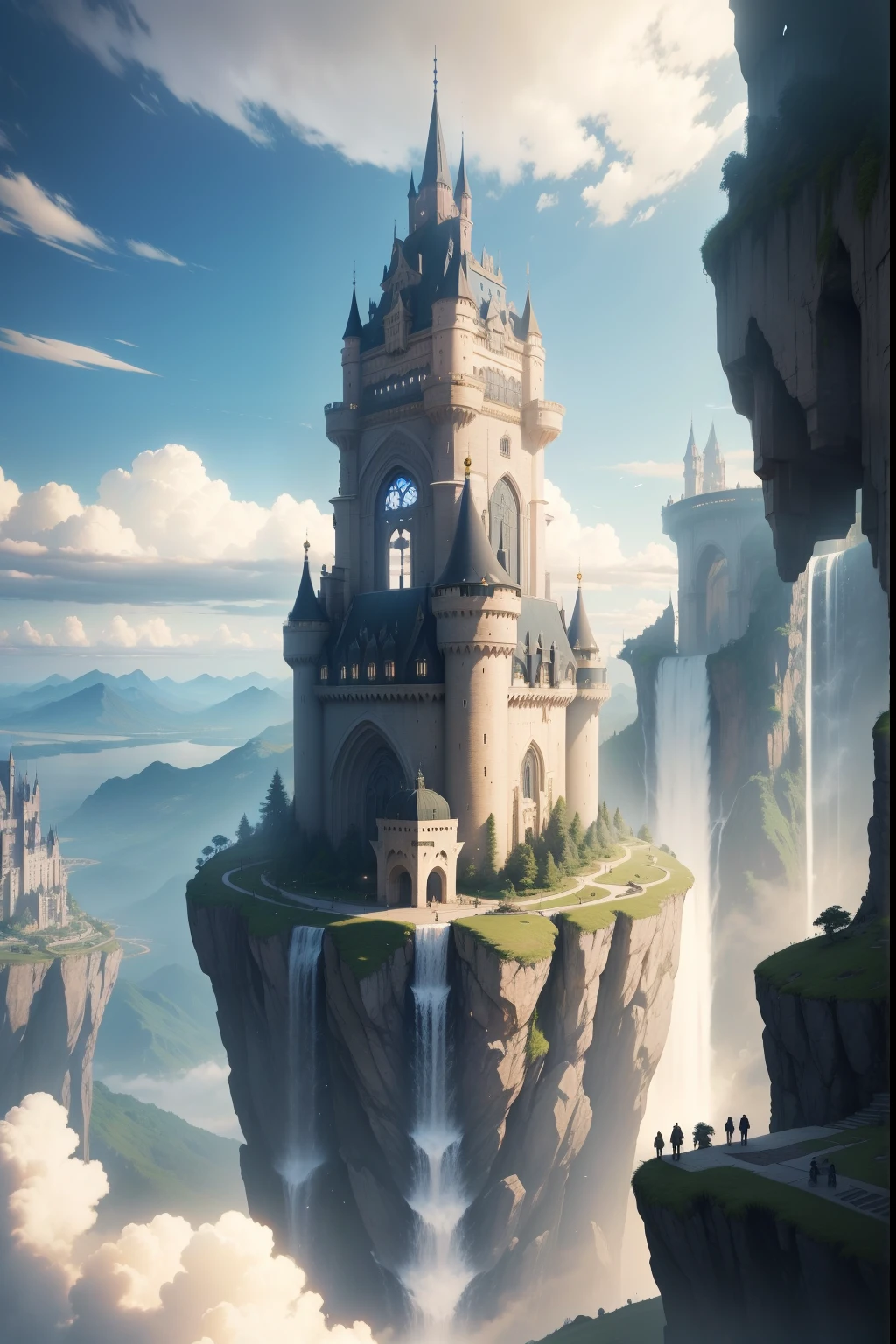 Huge castles and skyscrapers floating in the sky Cyberpunk Isekai Fantasy Top Quality Ultra High Definition Utopia 8K Giant Waterfall Mother Nature