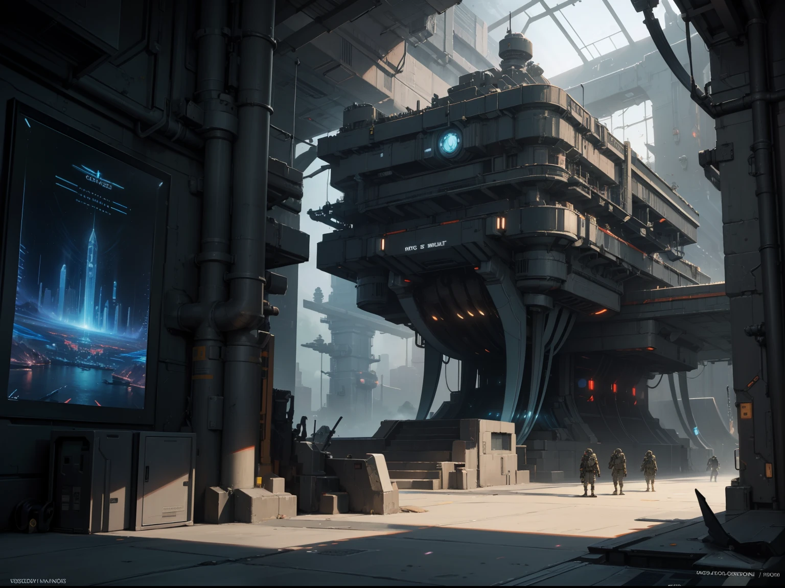 there is a futuristic city , high quality digital concept art, ultra detailed concept art, futuristic concept art, futuristic production facility, star citizen concept art, inside a futuristic army base, sci fi concept art, high quality concept art, highly detailed concept art, detailed 4k concept art, high resolution concept art, 8 k high detail concept art