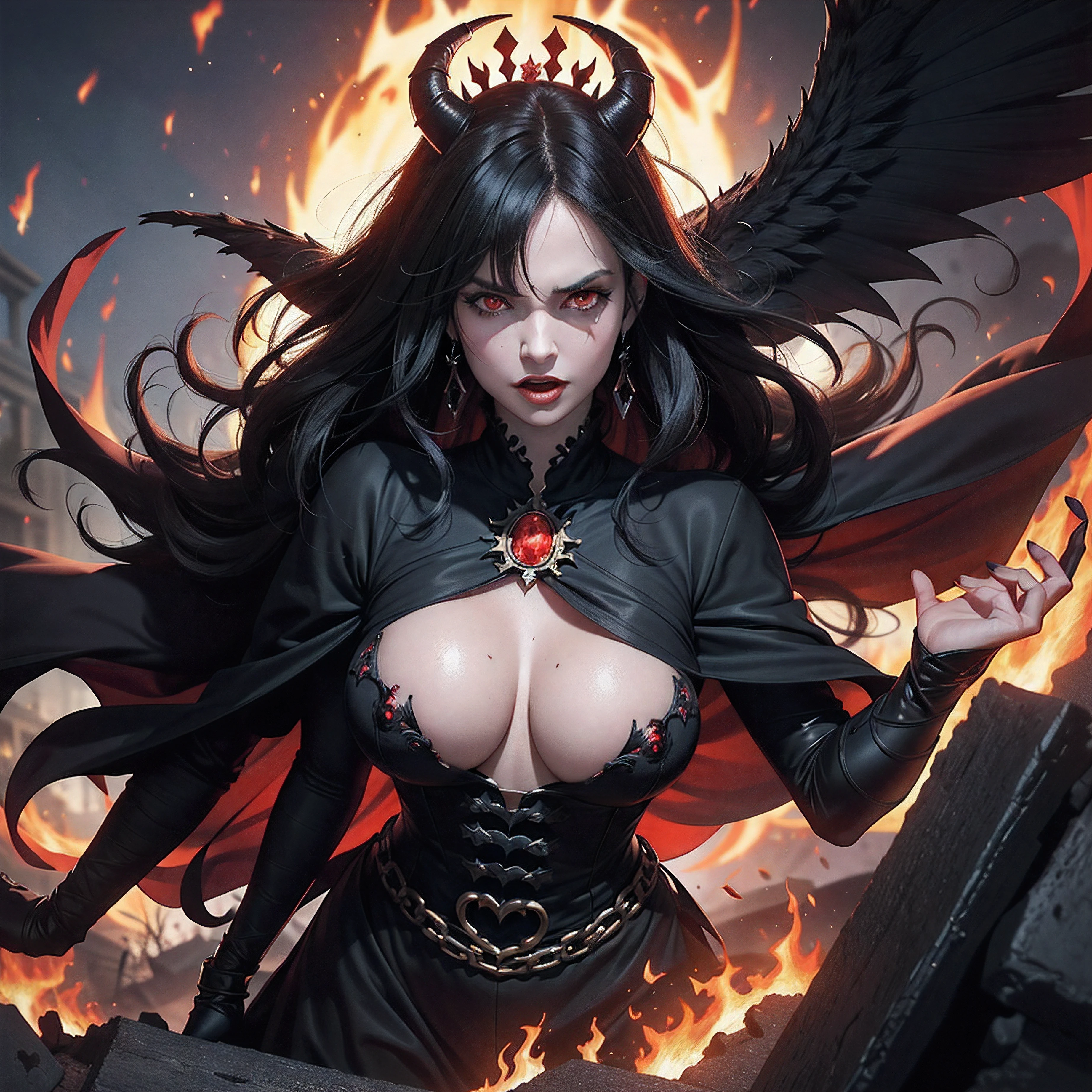 Ultra-detailed Lisa Ann stands atop a pile of burning ruins, Her diabolical and insidious presence radiating from her dark crown and black and red evil queen dress..... Her demon wings on her back and demon horn give her an invincible aura as she unleashes a powerful wave of destruction with a single gesture........