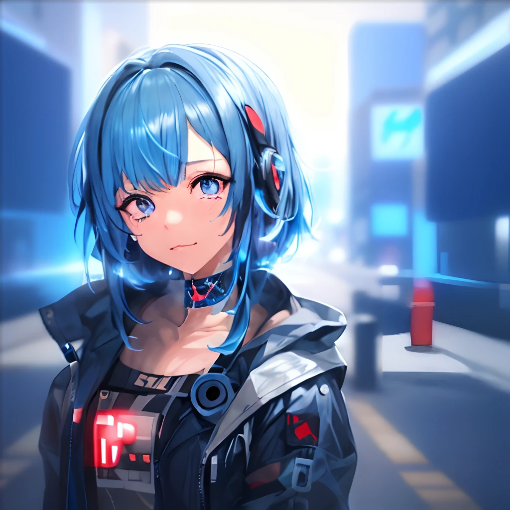 Anime girl with blue hair and blue eyes in a black jacket, anime style 4 k, portrait anime space cadet girl, Cyberpunk Anime Girl, Digital Cyberpunk Anime Art, Anime style. 8K, female cyberpunk anime girl, cyberpunk anime girl in hoodie, digital cyberpunk - anime art, dreamy cyberpunk girl, Cyberpunk anime girl mecha, anime cyberpunk art, Crying a lot